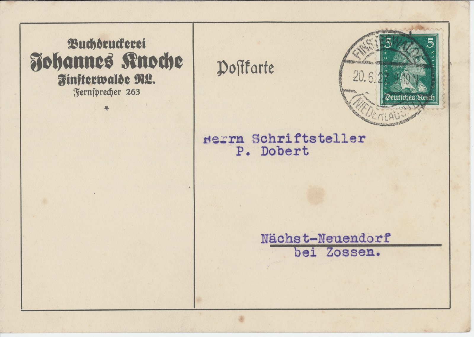 J. Knoche an Dobert, 20.06.1927 (Heimatverein "Alter Krug" Zossen e.V. CC BY-NC-SA)