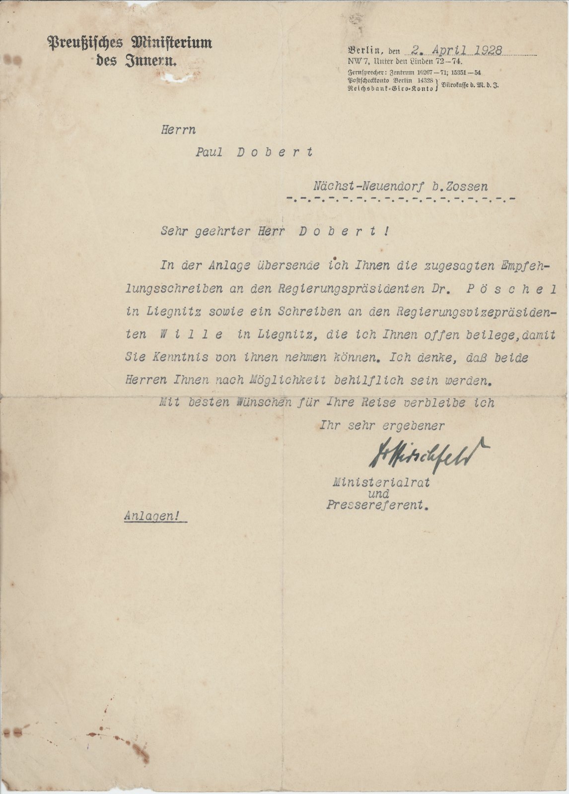 PMdI an Dobert, 02.04.1928 (Heimatverein "Alter Krug" Zossen e.V. CC BY-NC-SA)