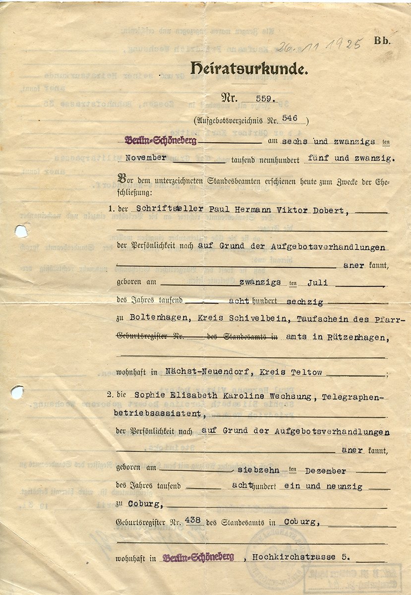 Heiratsurkunde, 26.11.1925 (Heimatverein "Alter Krug" Zossen e.V. CC BY-NC-SA)
