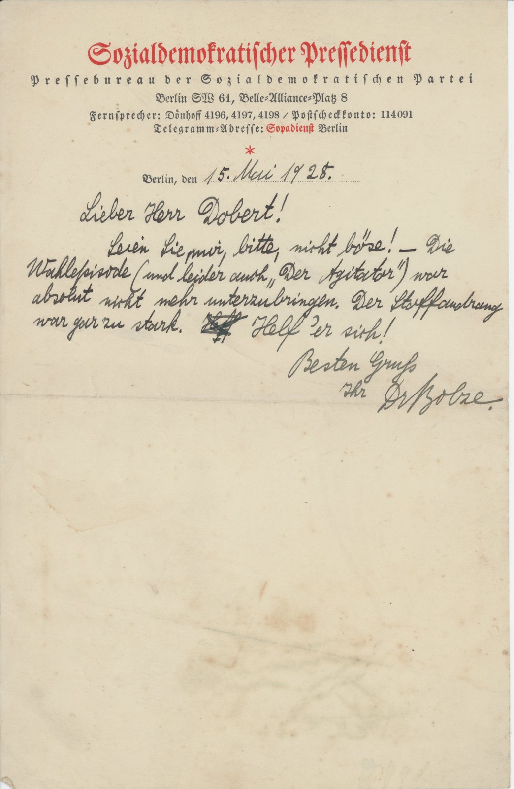 Pressedienst an Dobert, 15.05.1928 (Heimatverein "Alter Krug" Zossen e.V. CC BY-NC-SA)
