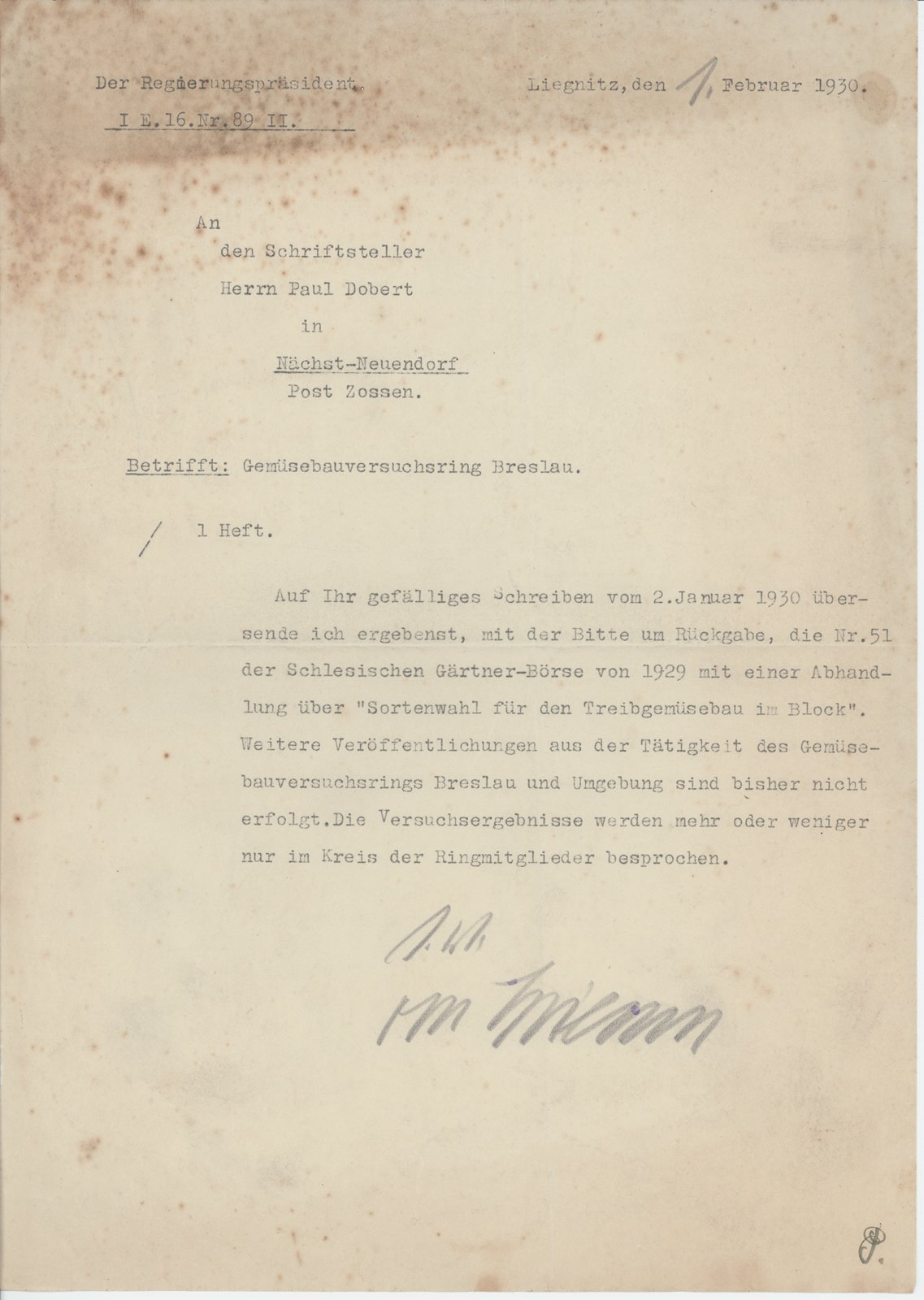 Regierungspräsident an Dobert, 01.02.1930 (Heimatverein "Alter Krug" Zossen e.V. CC BY-NC-SA)