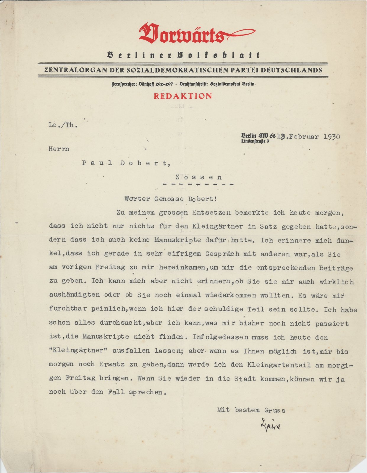 Vorwärts an Dobert, 13.02.1930 (Heimatverein "Alter Krug" Zossen e.V. CC BY-NC-SA)