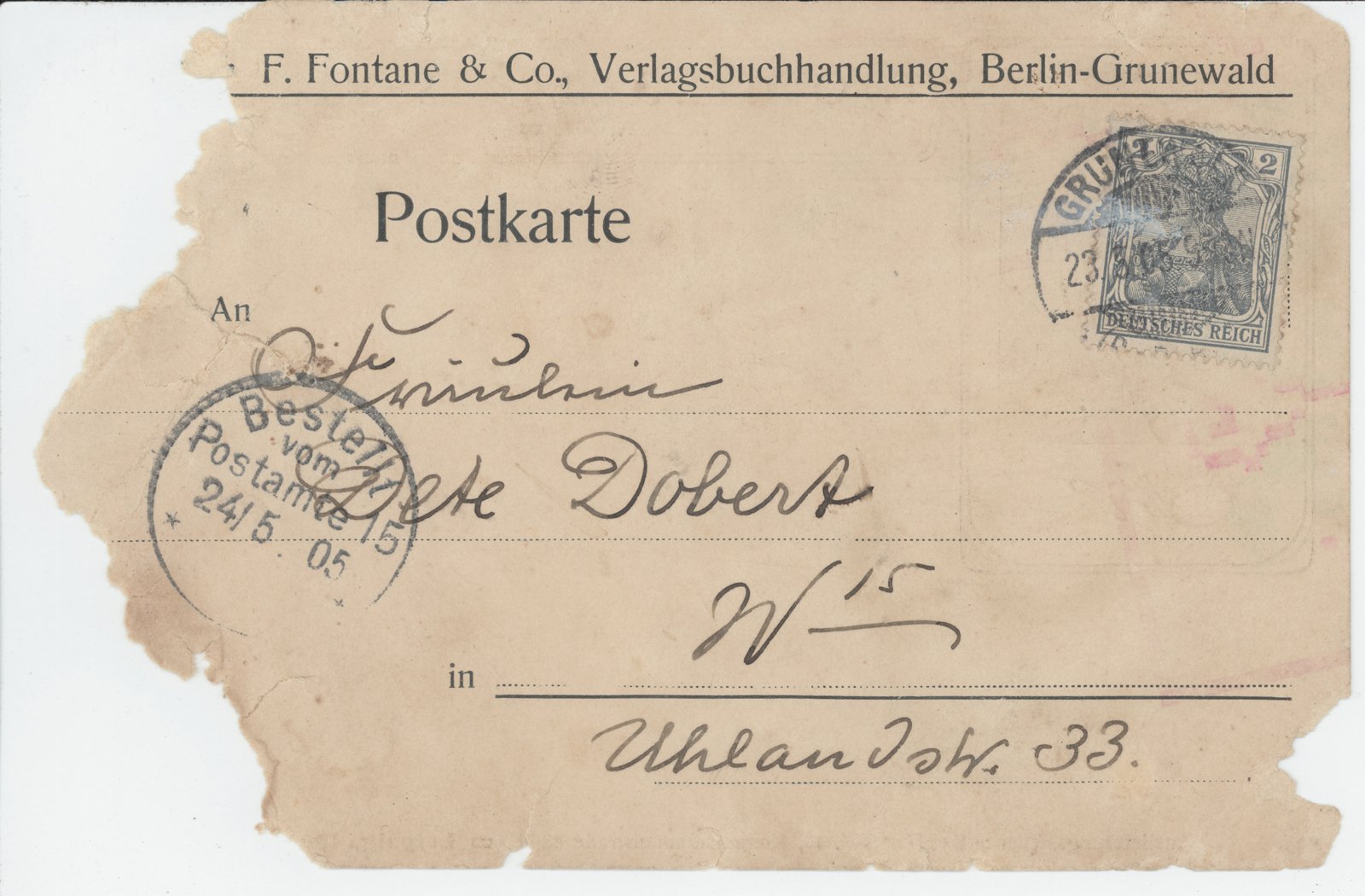 Tontane-Buchhandlung an Dete Dobert, 24.05.1905 (Heimatverein "Alter Krug" Zossen e.V. CC BY-NC-SA)