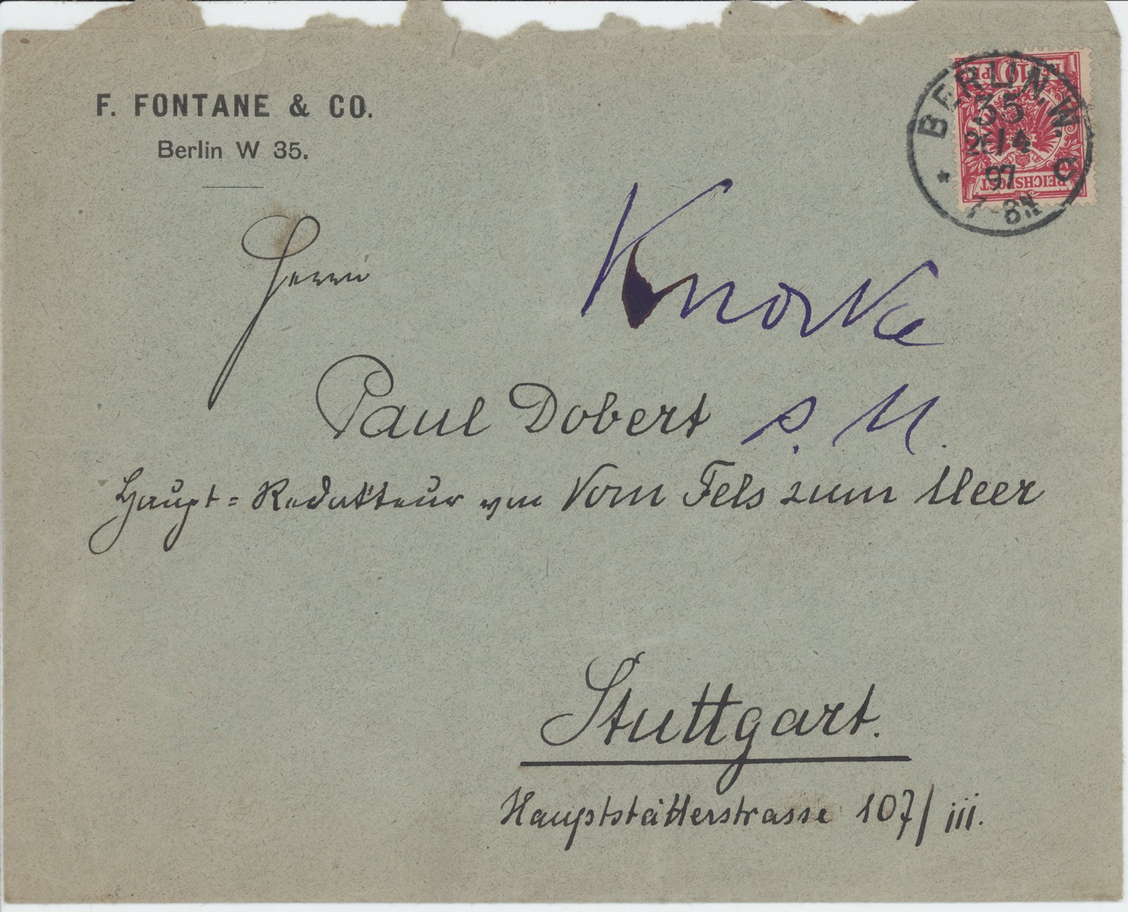 F. Fontane an Dobert, 26.04.1897 (Heimatverein "Alter Krug" Zossen e.V. CC BY-NC-SA)