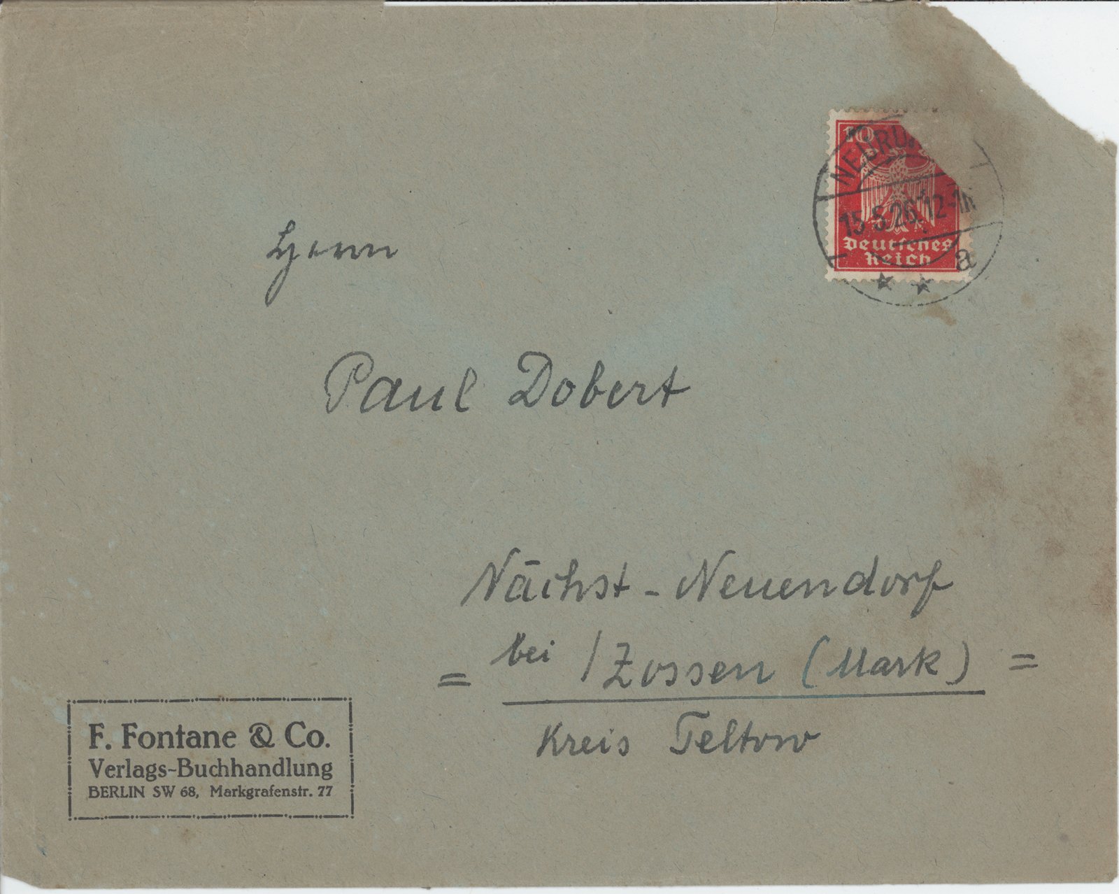 F. Fontane an Dobert, 15.05.1926 (Heimatverein "Alter Krug" Zossen e.V. CC BY-NC-SA)