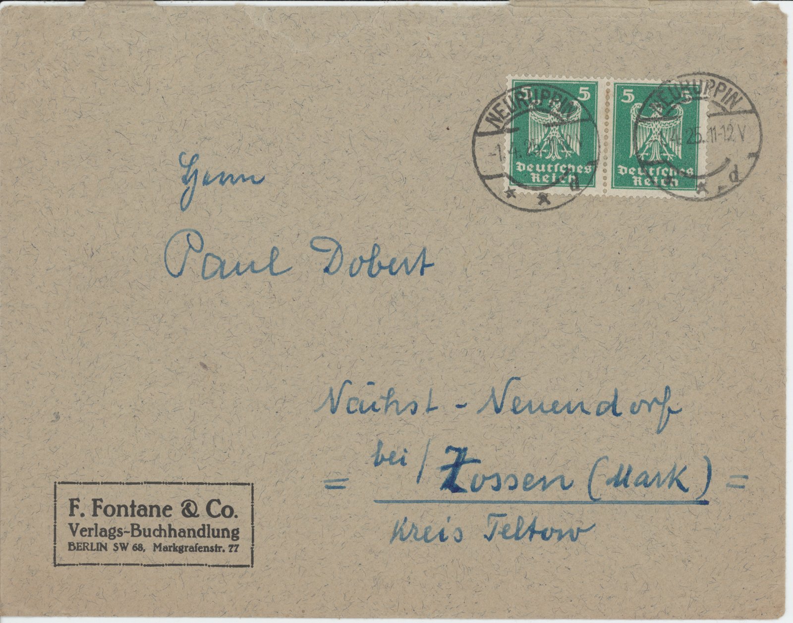 F. Fontane an Dobert, 01.04.1925 (Heimatverein "Alter Krug" Zossen e.V. CC BY-NC-SA)