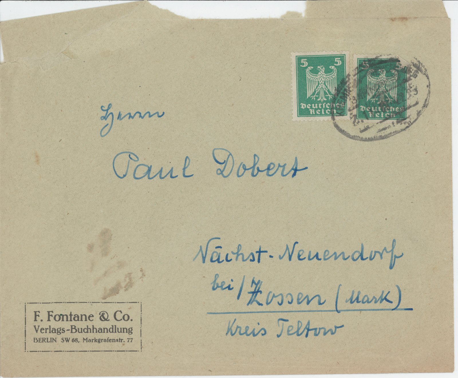F. Fontane an Dobert, 02.11.1925 (Heimatverein "Alter Krug" Zossen e.V. CC BY-NC-SA)