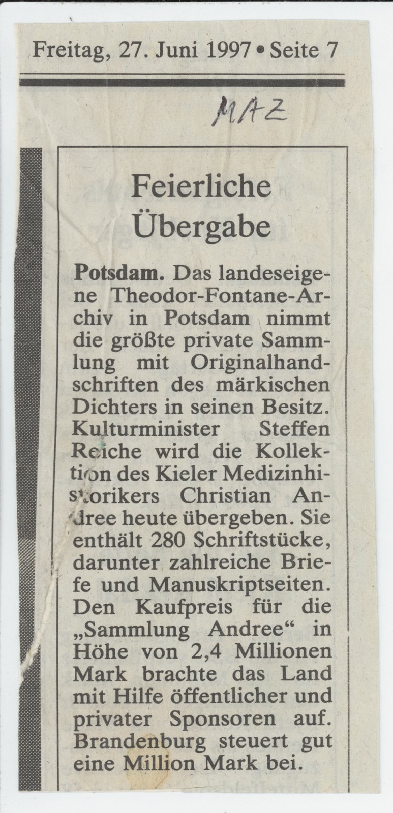 Fontanearchiv, 27.06.1997 (Heimatverein "Alter Krug" Zossen e.V. CC BY-NC-SA)