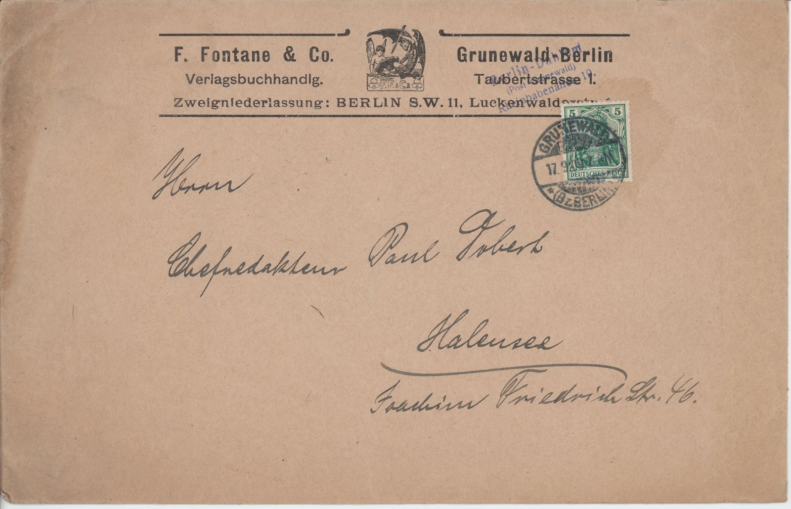 F. Fontane an Dobert, 17.09.1909 (Heimatverein "Alter Krug" Zossen e.V. CC BY-NC-SA)