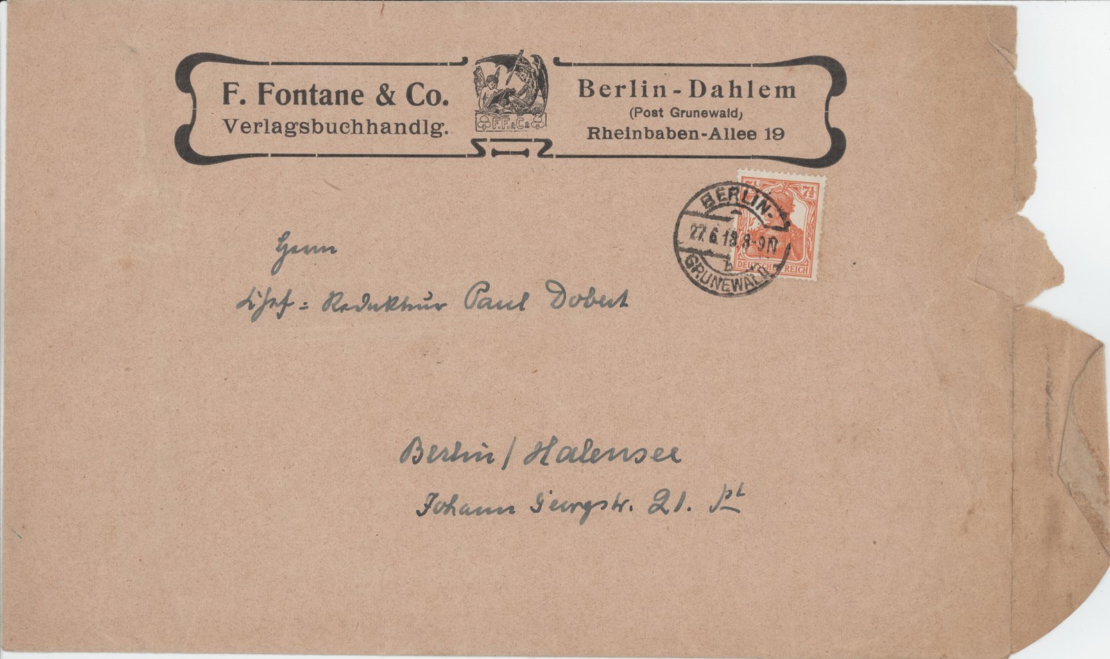 F. Fontane an Dobert, 27.06.1918 (Heimatverein "Alter Krug" Zossen e.V. CC BY-NC-SA)