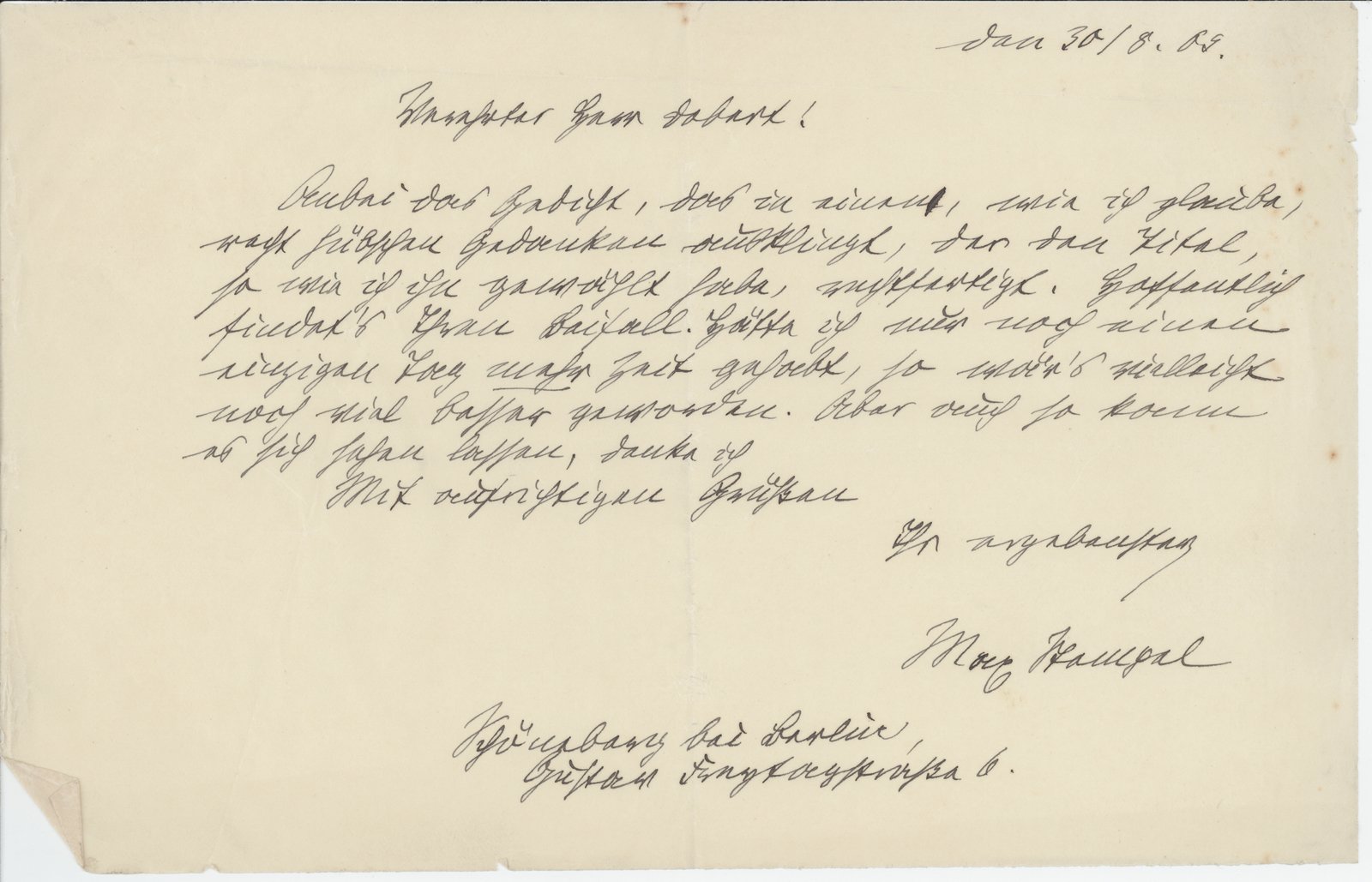 M. Stempel an Dobert, 29.08.1909 (Heimatverein "Alter Krug" Zossen e.V. CC BY-NC-SA)