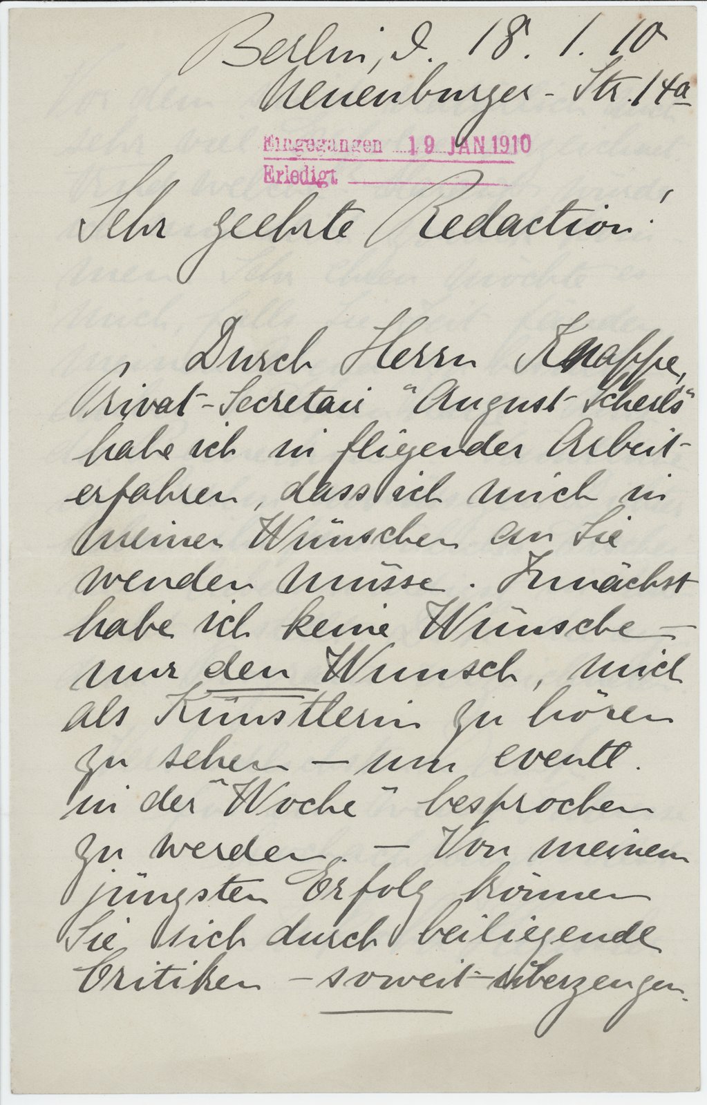 J. Heusseler an Dobert 18.01.1910 (Heimatverein "Alter Krug" Zossen e.V. CC BY-NC-SA)