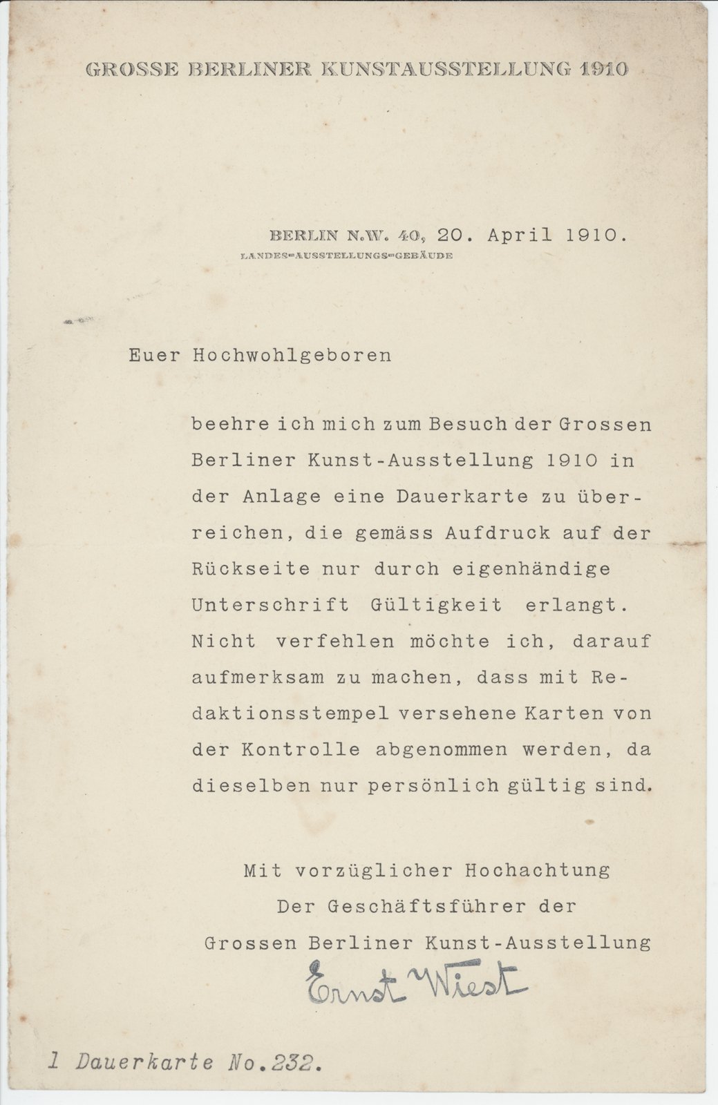 E. Wiest an Dobert 20.04.1910 (Heimatverein "Alter Krug" Zossen e.V. CC BY-NC-SA)