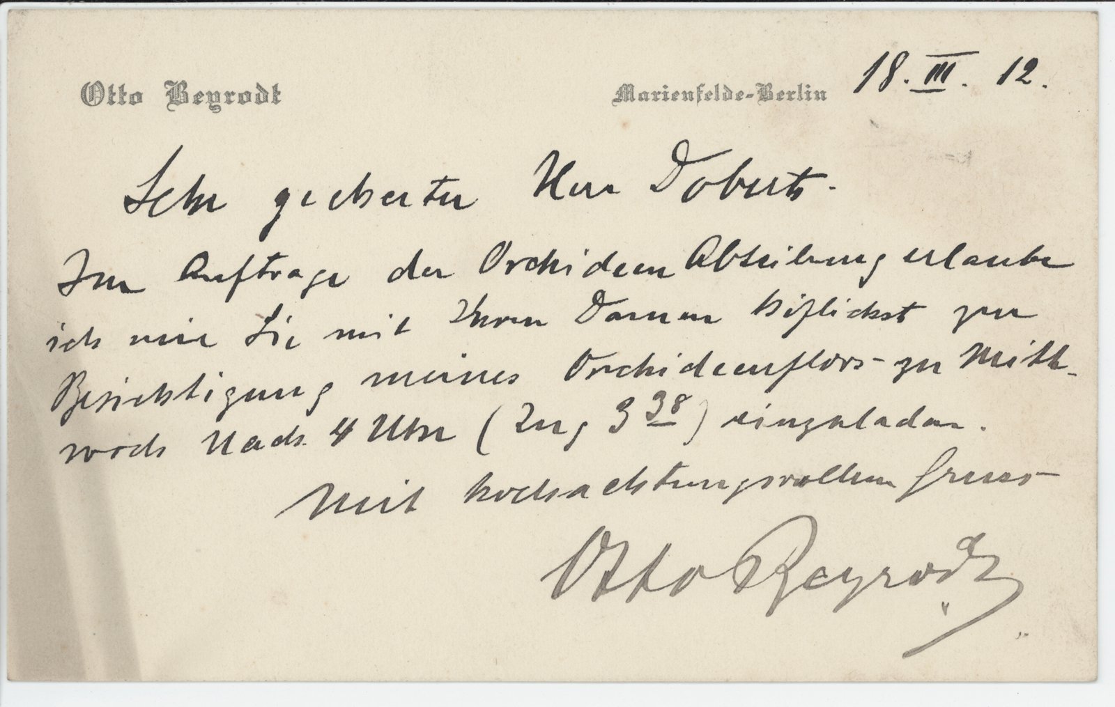 O. Beyrodt an Dobert, 18.93.1907 (Heimatverein "Alter Krug" Zossen e.V. CC BY-NC-SA)