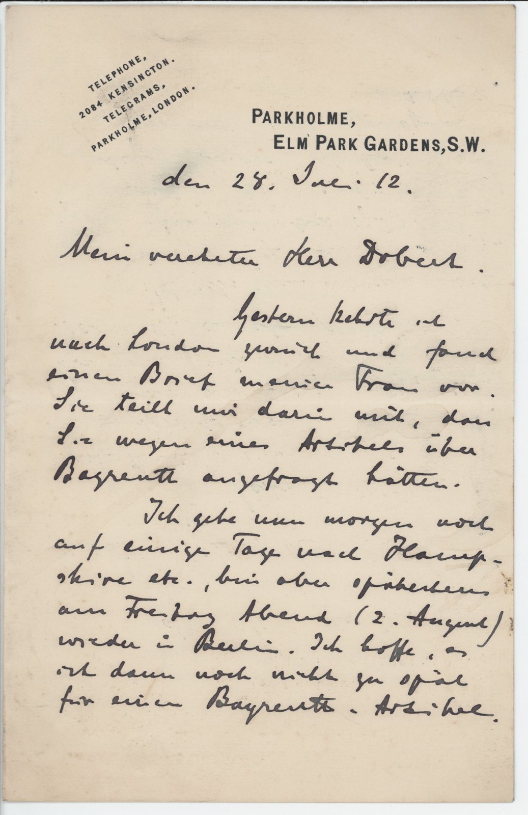 A. Spanuth an Dobert, 28.07.1912 (Heimatverein "Alter Krug" Zossen e.V. CC BY-NC-SA)