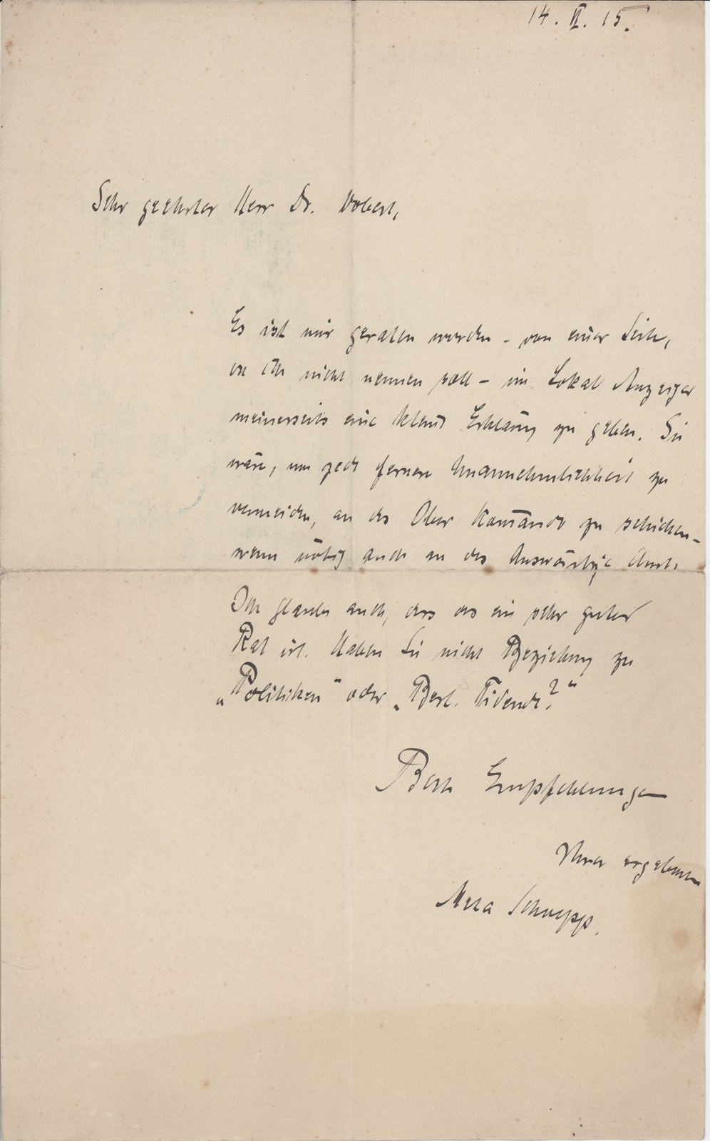 M. Schoepp an Dobert, 14.02.1915 (Heimatverein "Alter Krug" Zossen e.V. CC BY-NC-SA)