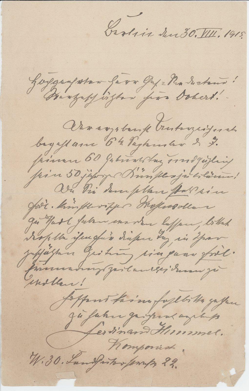 F. Hummel an Dobert, 30.08.1915 (Heimatverein "Alter Krug" Zossen e.V. CC BY-NC-SA)