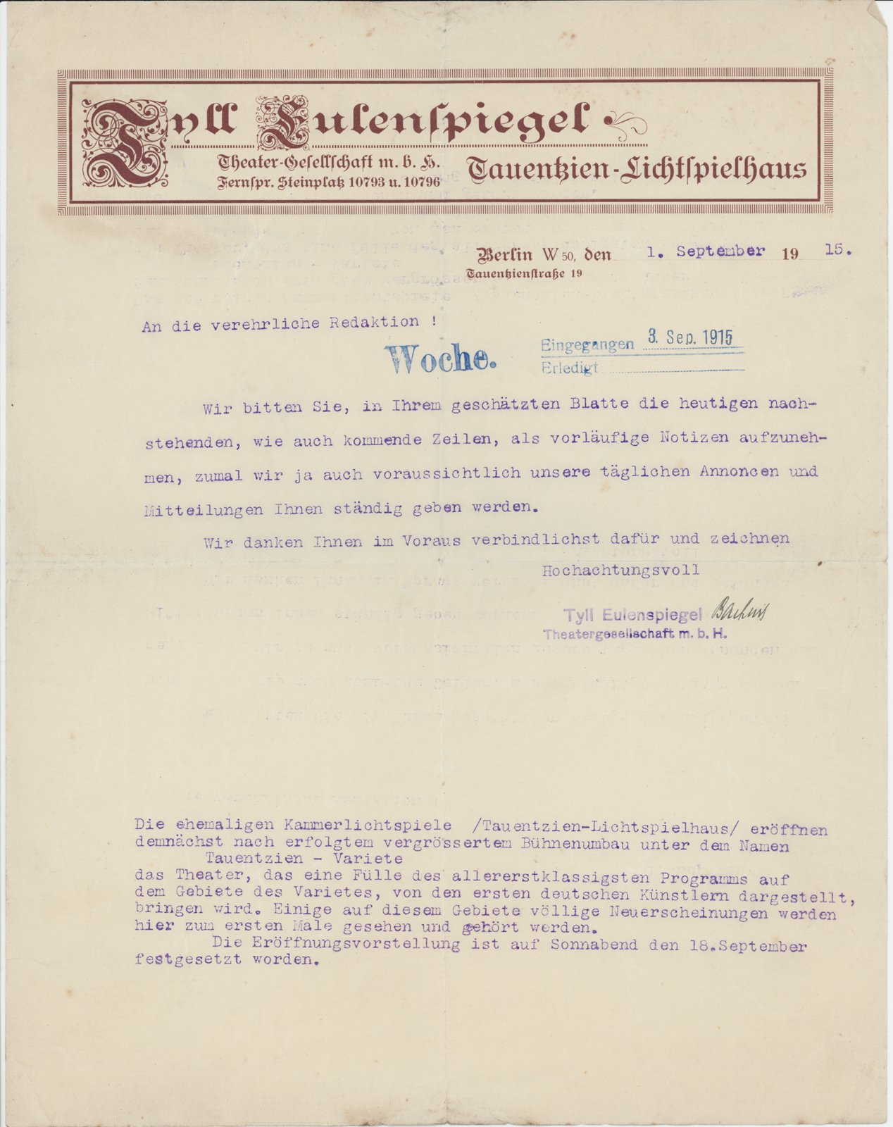 Bachner an Dobert, 01.09.1915 (Heimatverein "Alter Krug" Zossen e.V. CC BY-NC-SA)
