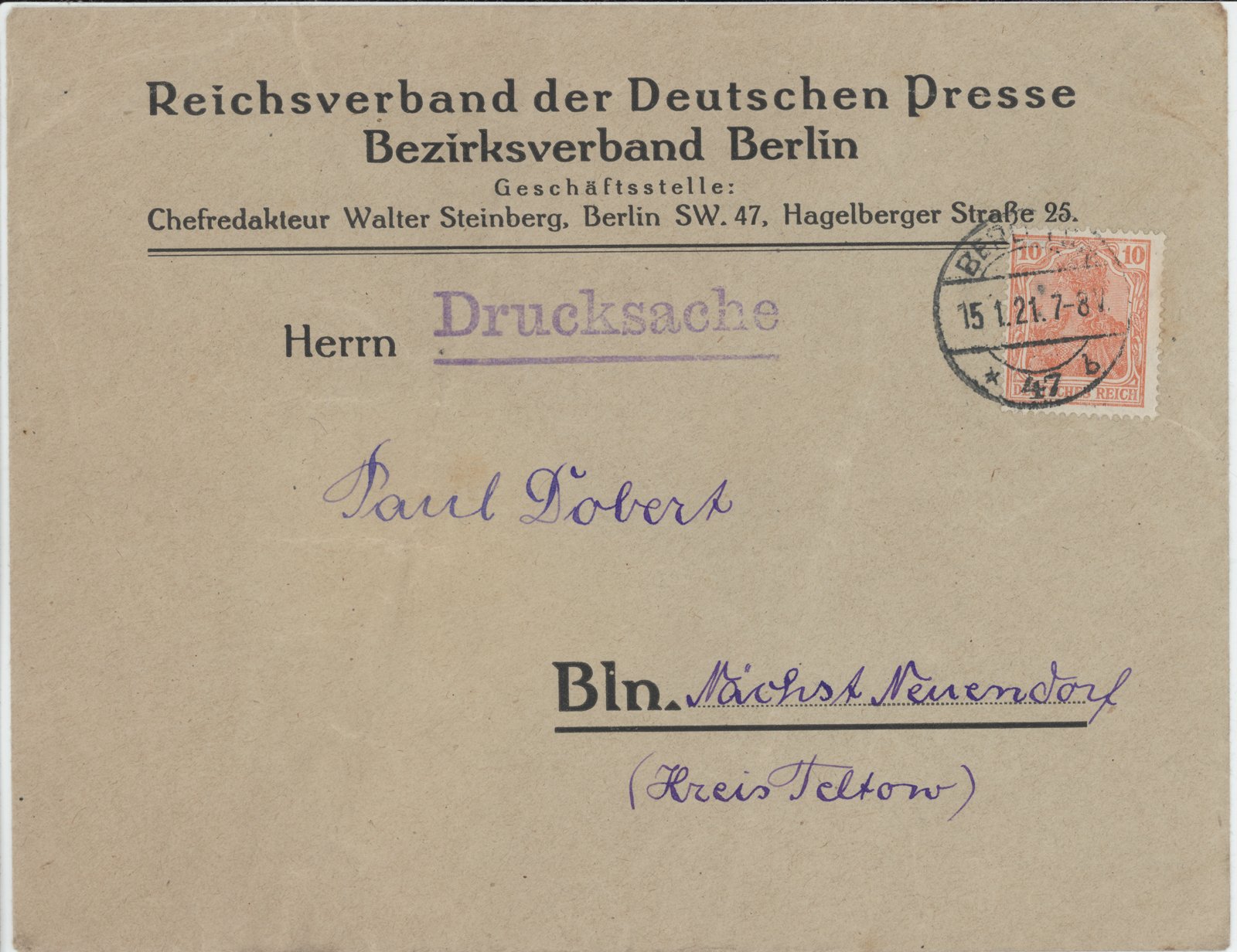 W. Steinberg an Dobert, 15.01.1921 (Heimatverein "Alter Krug" Zossen e.V. CC BY-NC-SA)
