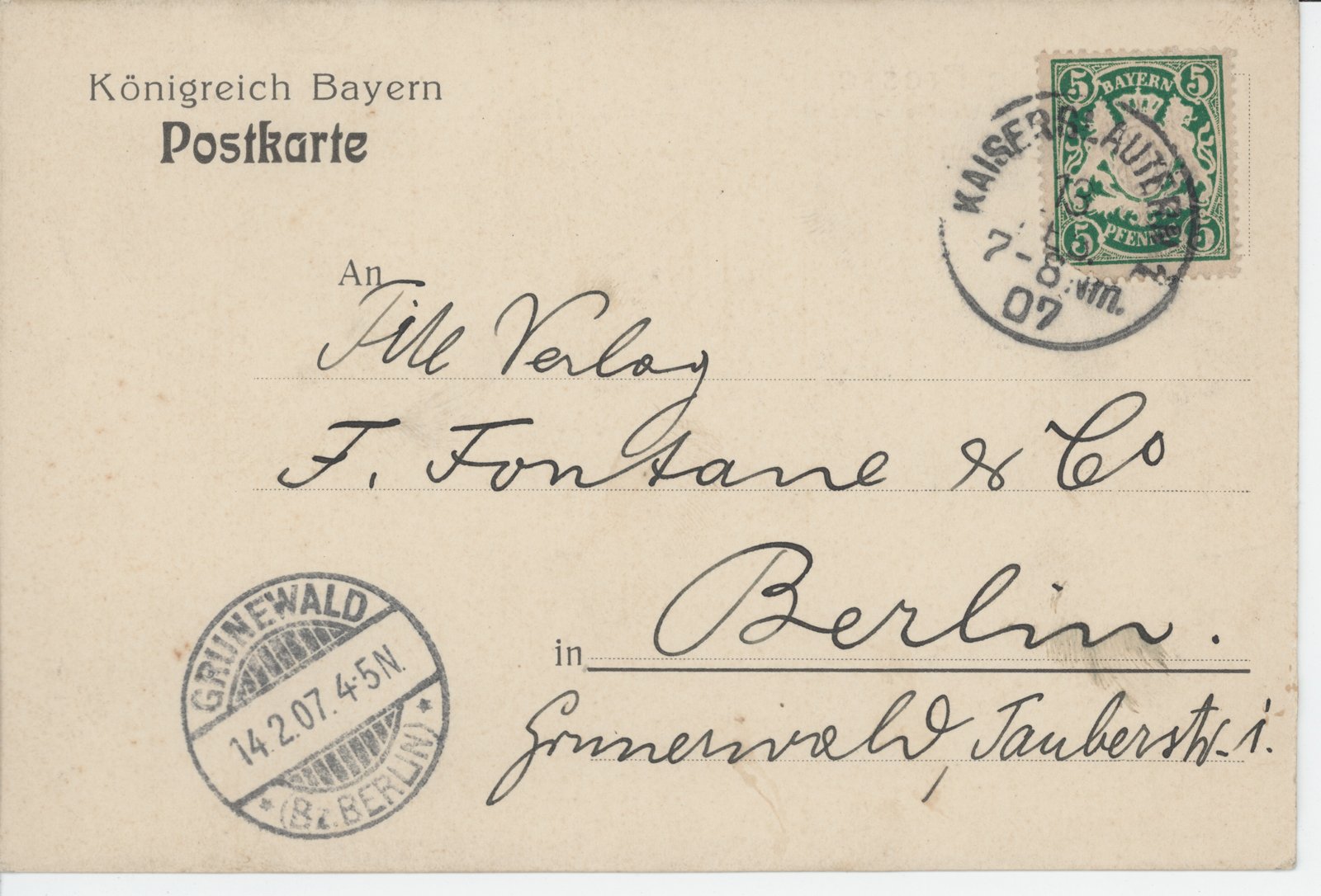Pfälzische Presse an F. Fontane, 1907 (Heimatverein "Alter Krug" Zossen e.V. CC BY-NC-SA)