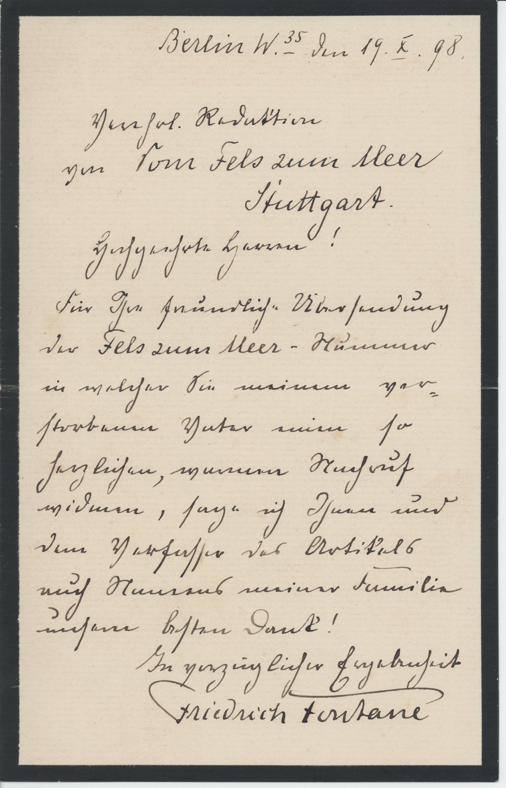 F. Fontane an Dobert, 19.10.1898 (Heimatverein "Alter Krug" Zossen e.V. CC BY-NC-SA)