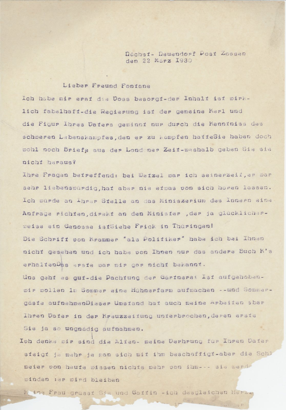 Dobert an F. Fontane, 22.03.1930 (Heimatverein "Alter Krug" Zossen e.V. CC BY-NC-SA)