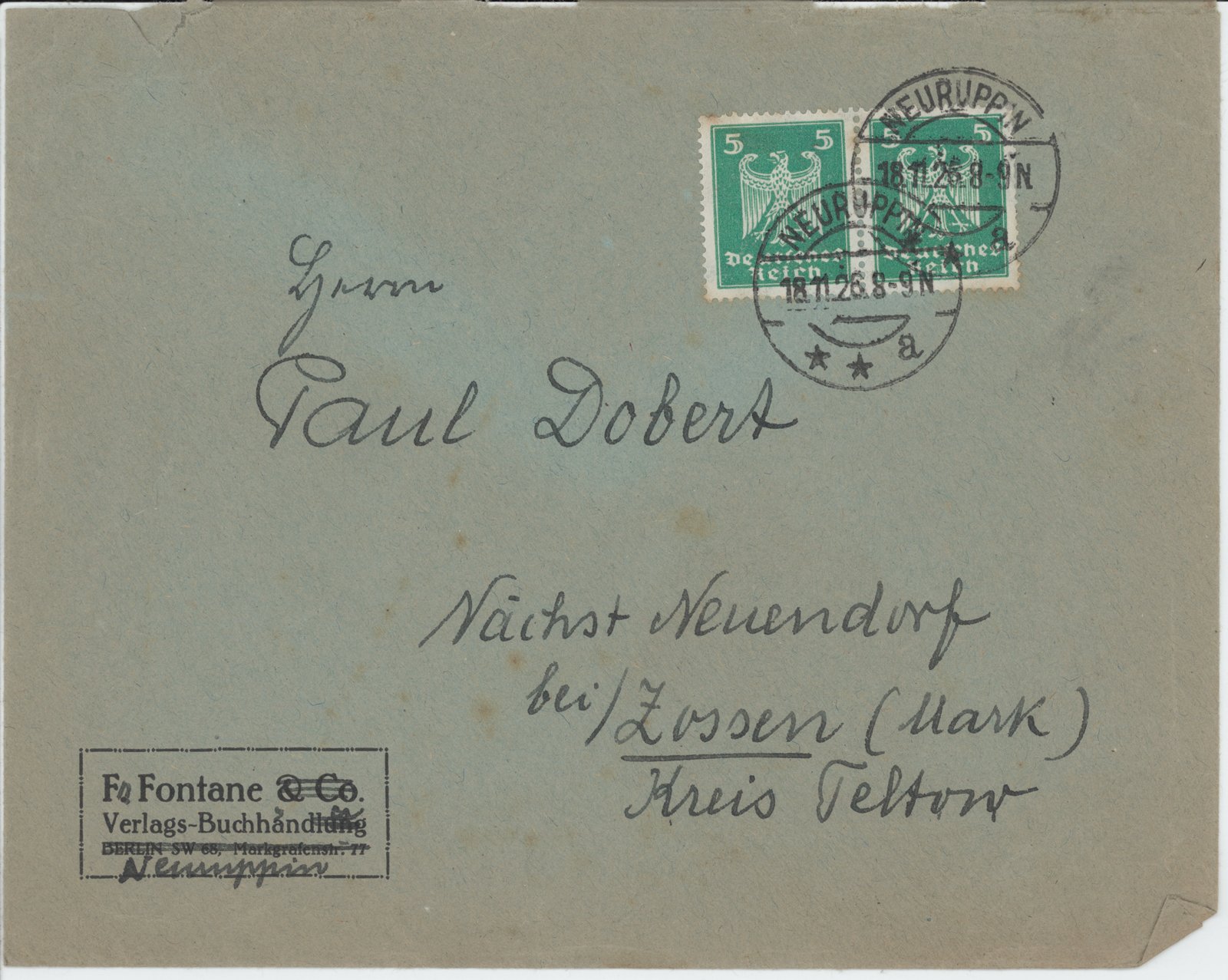 F. Fontane an Dobert, 18.11.1926 (Heimatverein "Alter Krug" Zossen e.V. CC BY-NC-SA)