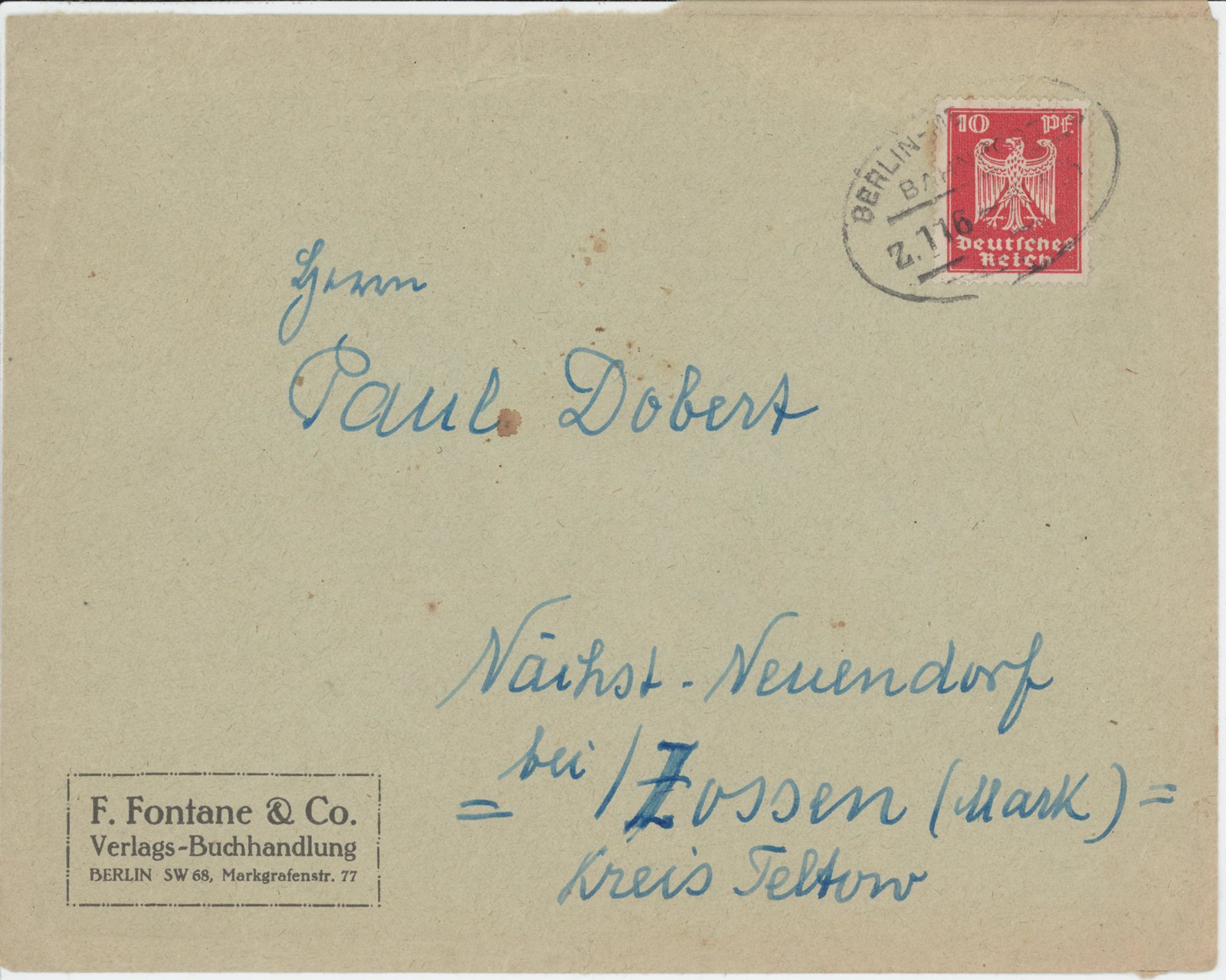 F. Fontane an Dobert, 02.11.1926 (Heimatverein "Alter Krug" Zossen e.V. CC BY-NC-SA)