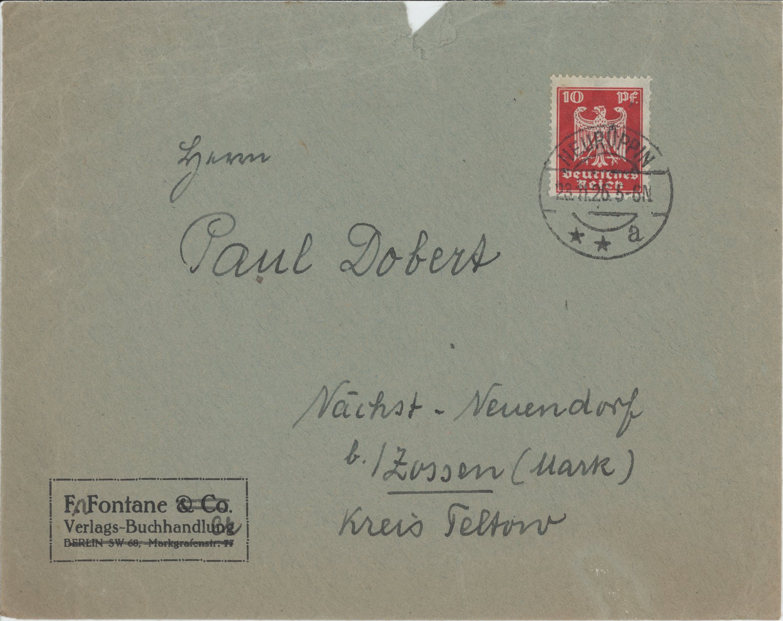 F. Fontane an Dobert, 23.11.1926 (Heimatverein "Alter Krug" Zossen e.V. CC BY-NC-SA)