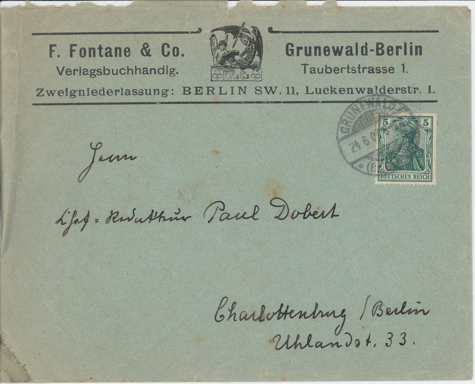 F. Fontane an Dobert, 24.06.1907 (Heimatverein "Alter Krug" Zossen e.V. CC BY-NC-SA)