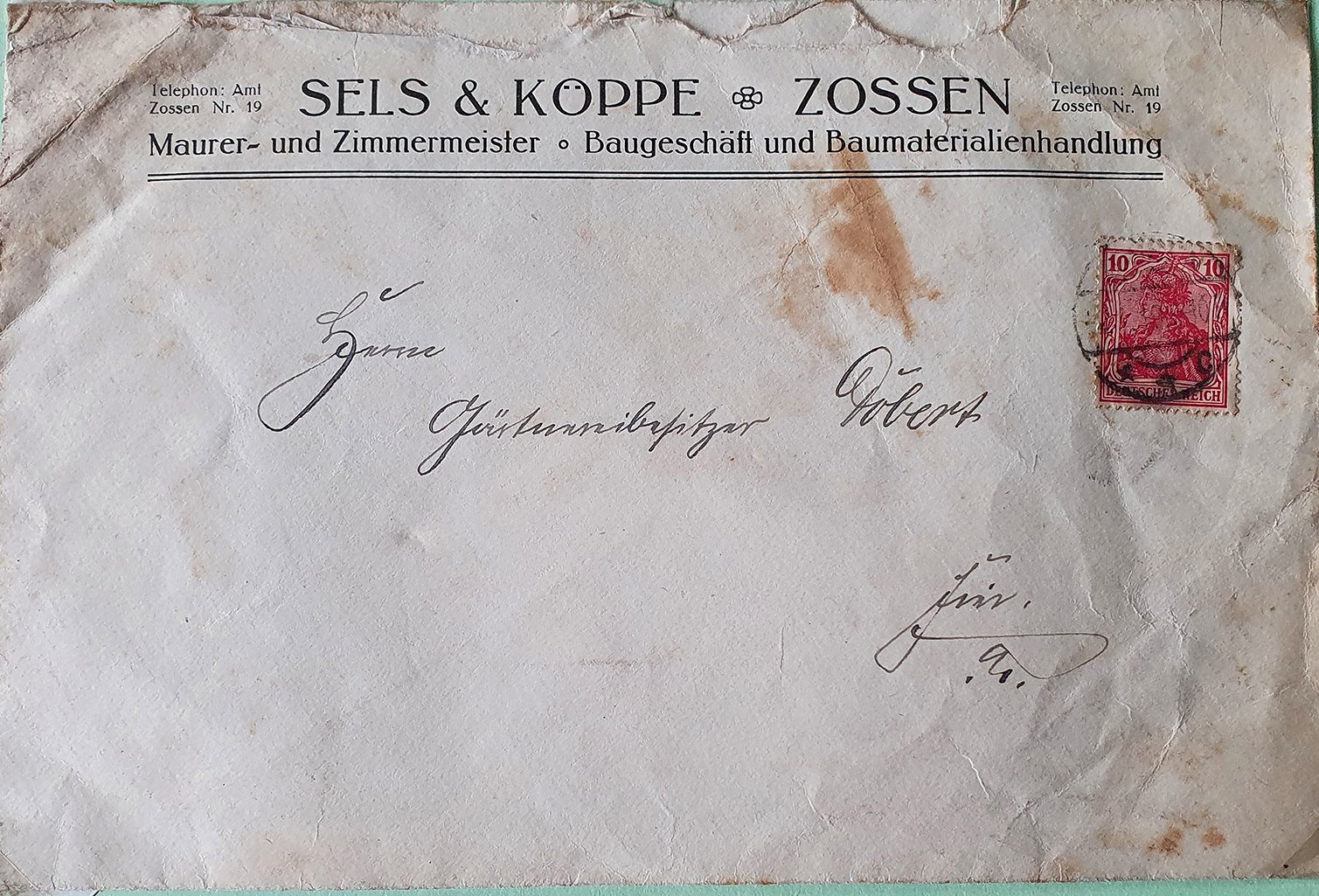 H. Sels an Dobert. 1919 (Heimatverein "Alter Krug" Zossen e.V. CC BY-NC-SA)