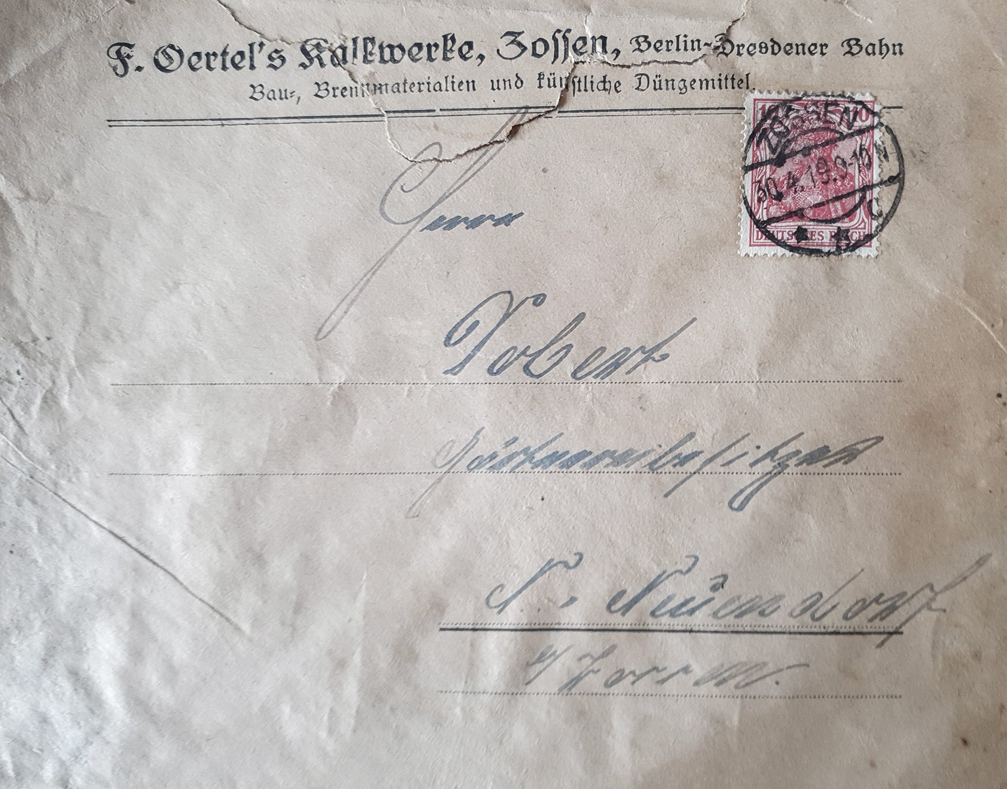 F. Oertels an Dobert. 30.04.1919 (Heimatverein "Alter Krug" Zossen e.V. CC BY-NC-SA)