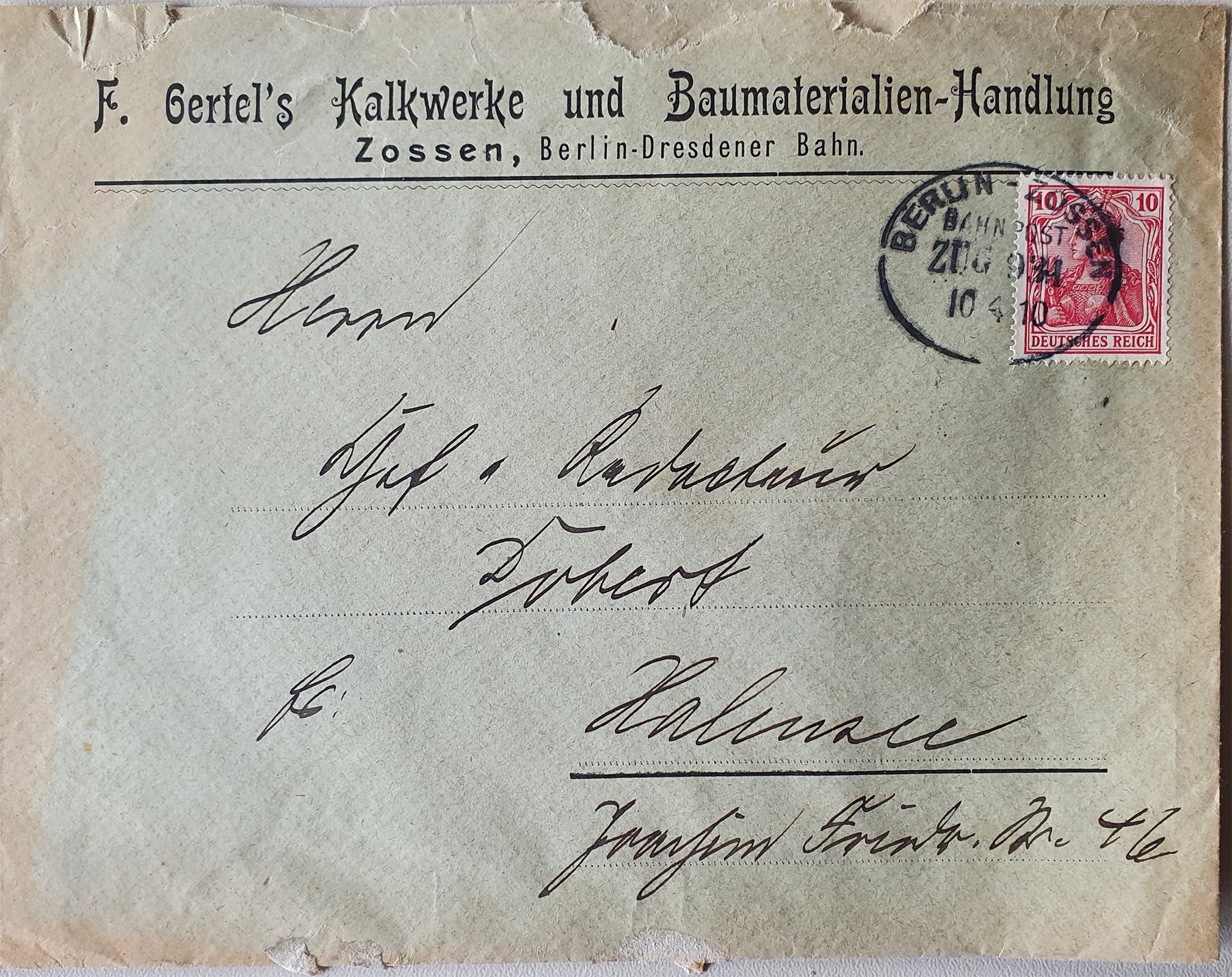 F. Oertel an Dobert, 10.04.1910 (Heimatverein "Alter Krug" Zossen e.V. CC BY-NC-SA)