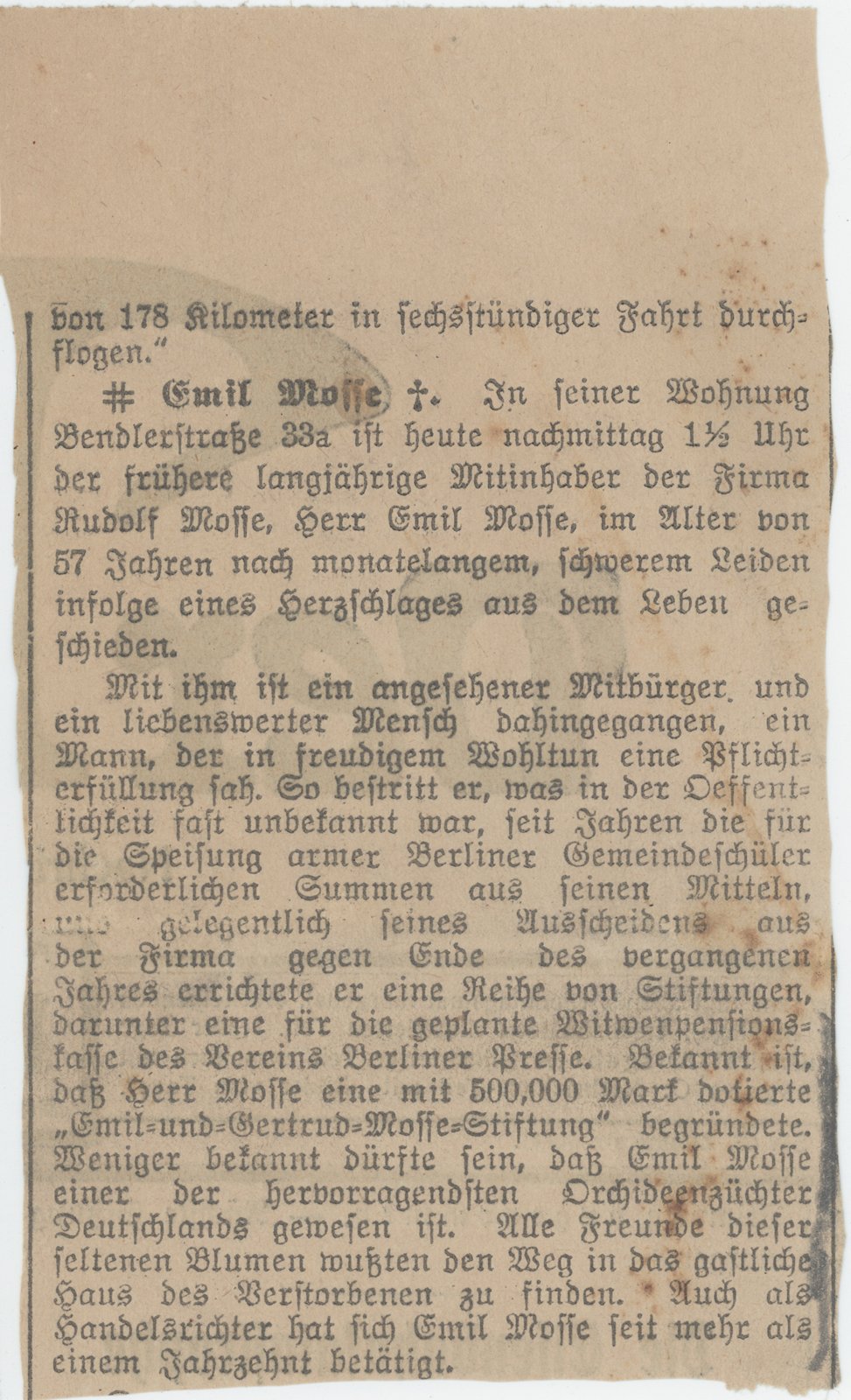 Emil Mosse, Zeitungsnachruf (Heimatverein "Alter Krug" Zossen e.V. CC BY-NC-SA)
