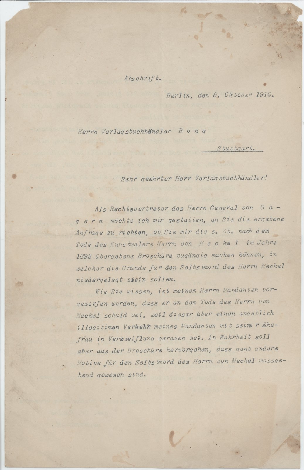 Abschrift Paulus an Bong, 08.10.1910 (Heimatverein "Alter Krug" Zossen e.V. CC BY-NC-SA)