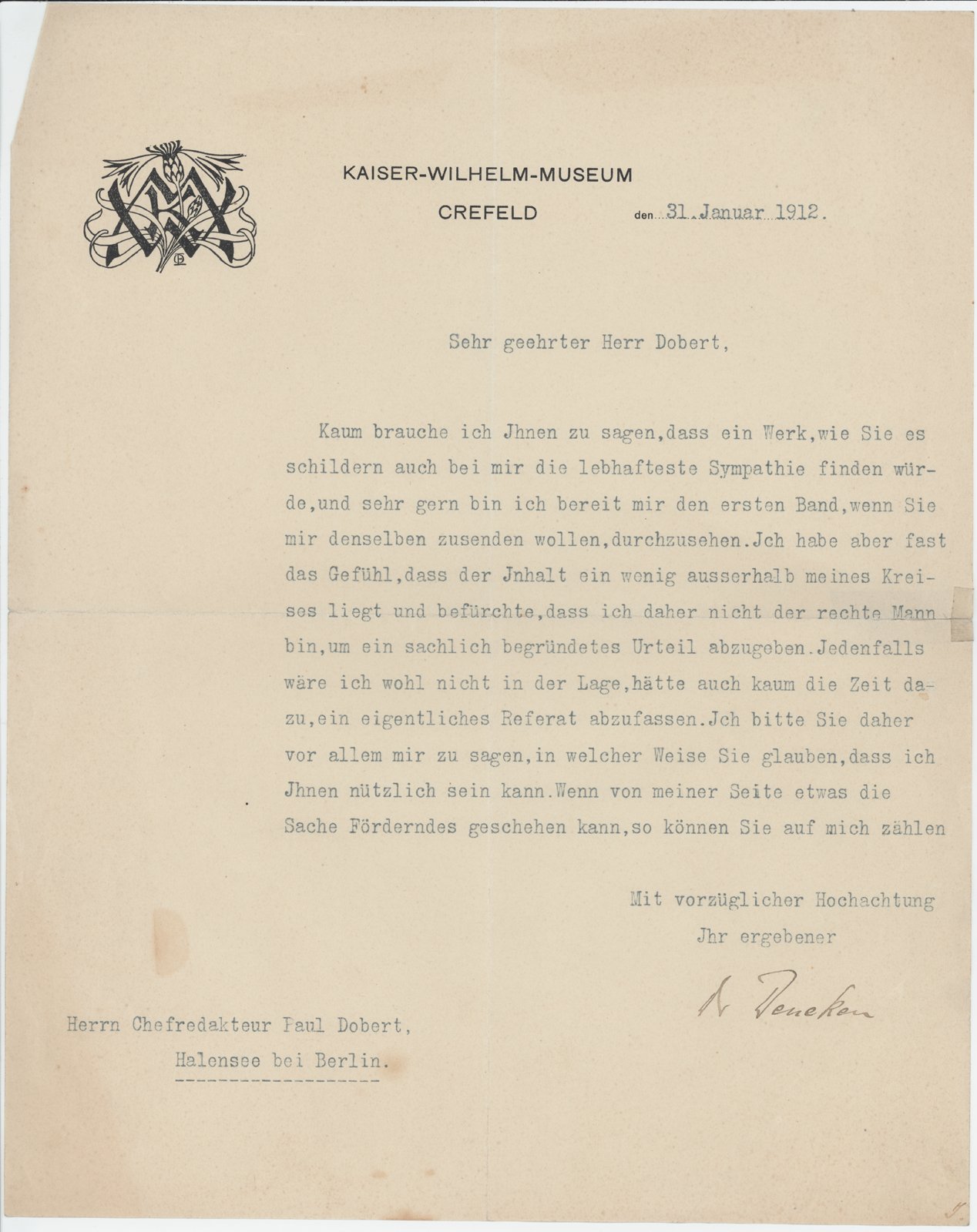F. Deneken an Dobert, 31.01.1912 (Heimatverein "Alter Krug" Zossen e.V. CC BY-NC-SA)