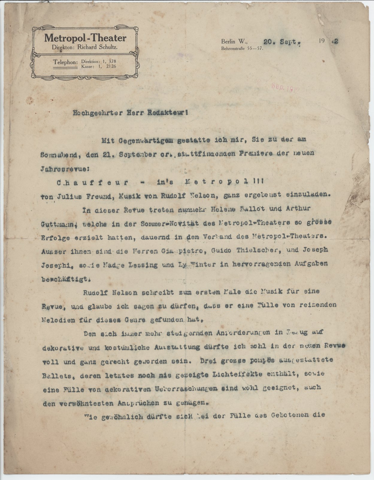 R. Schultz an Dobert, 20.09.1912 (Heimatverein "Alter Krug" Zossen e.V. CC BY-NC-SA)