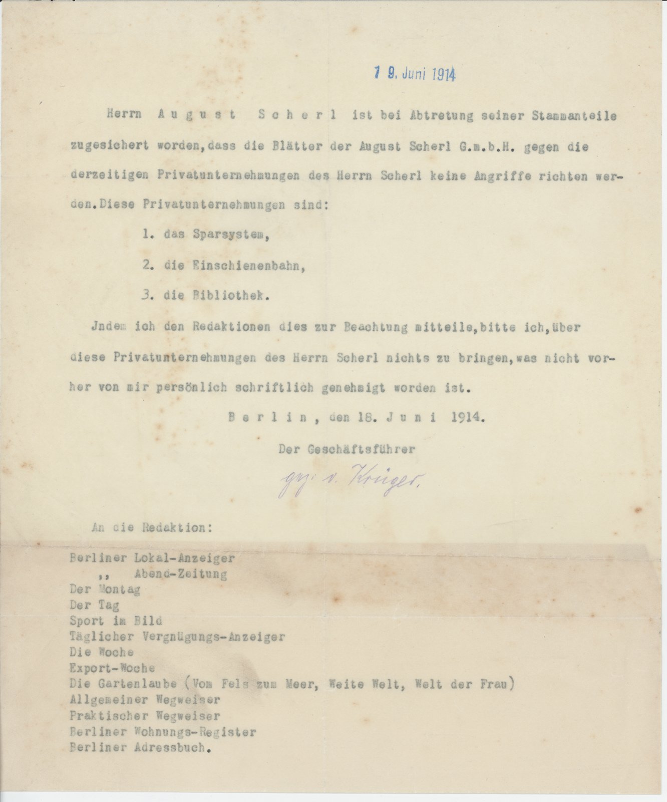 H. Krüger an Dobert, 18.06.1914 (Heimatverein "Alter Krug" Zossen e.V. CC BY-NC-SA)
