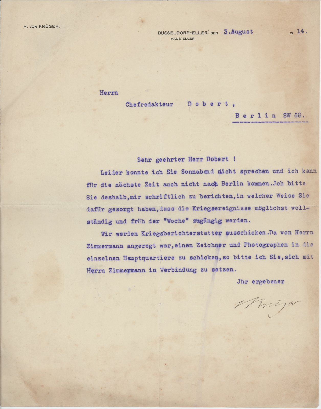 H. Krüger an Dobert, 03.08.1914 (Heimatverein "Alter Krug" Zossen e.V. CC BY-NC-SA)