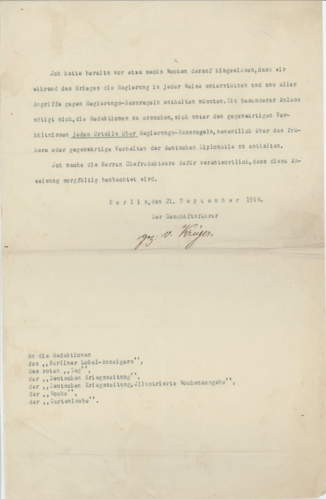H. Krüger an Dobert, 21.09.1914 (Heimatverein "Alter Krug" Zossen e.V. CC BY-NC-SA)