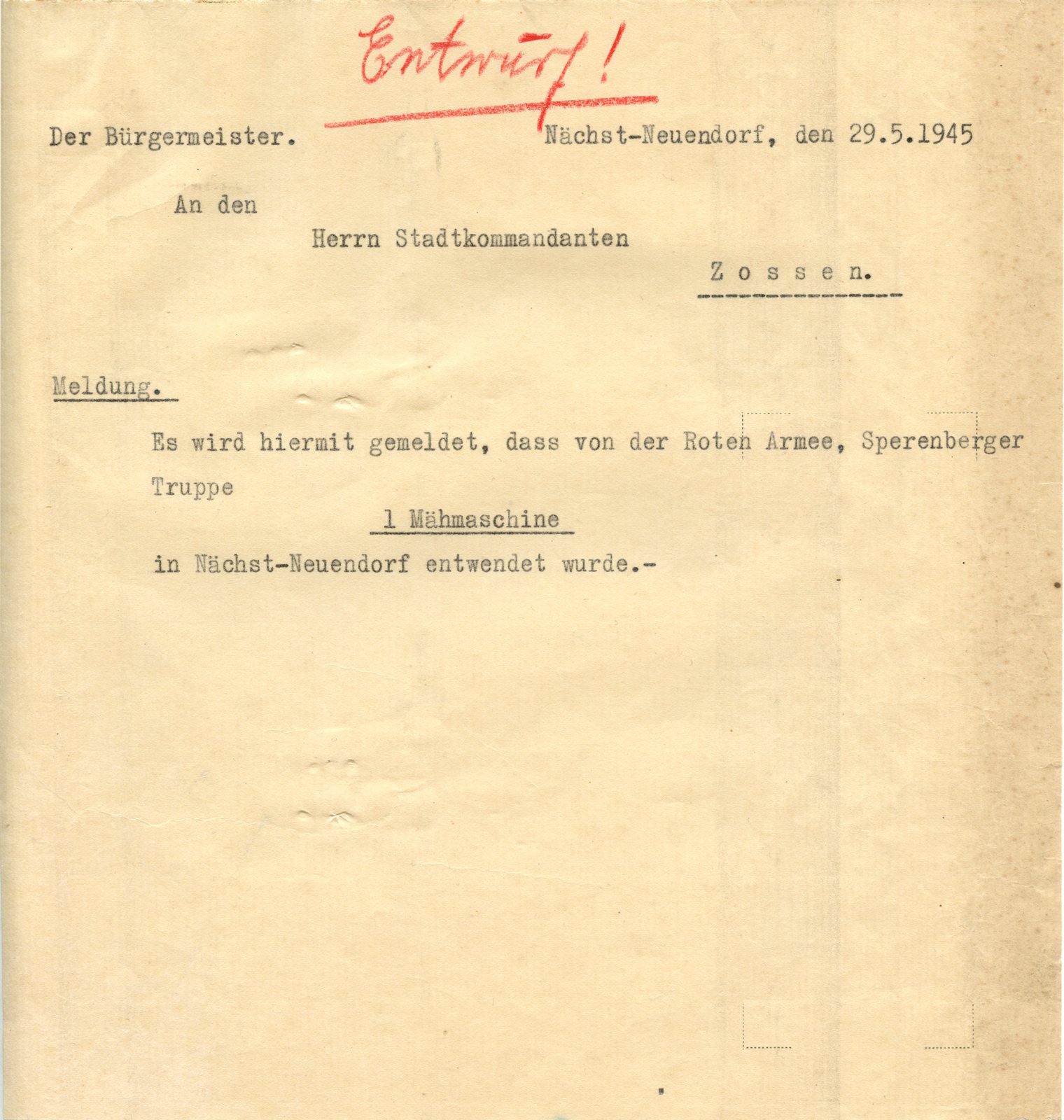 BM-Stadtkommandant, 29.05.1945 (Heimatverein "Alter Krug" Zossen e.V. CC BY-NC-SA)