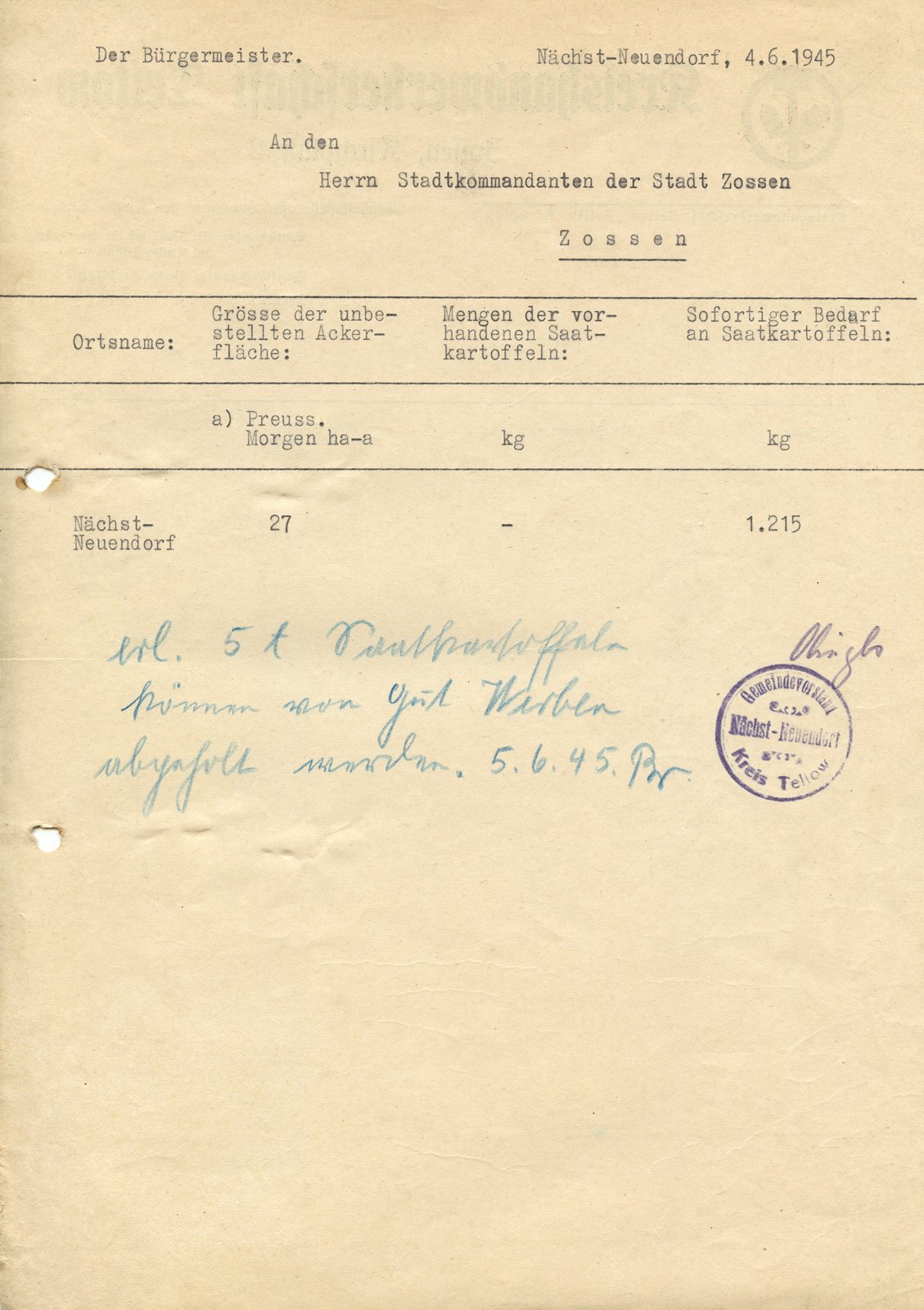 BM-Stadtkommandant, 04.06.1945 (Heimatverein "Alter Krug" Zossen e.V. CC BY-NC-SA)