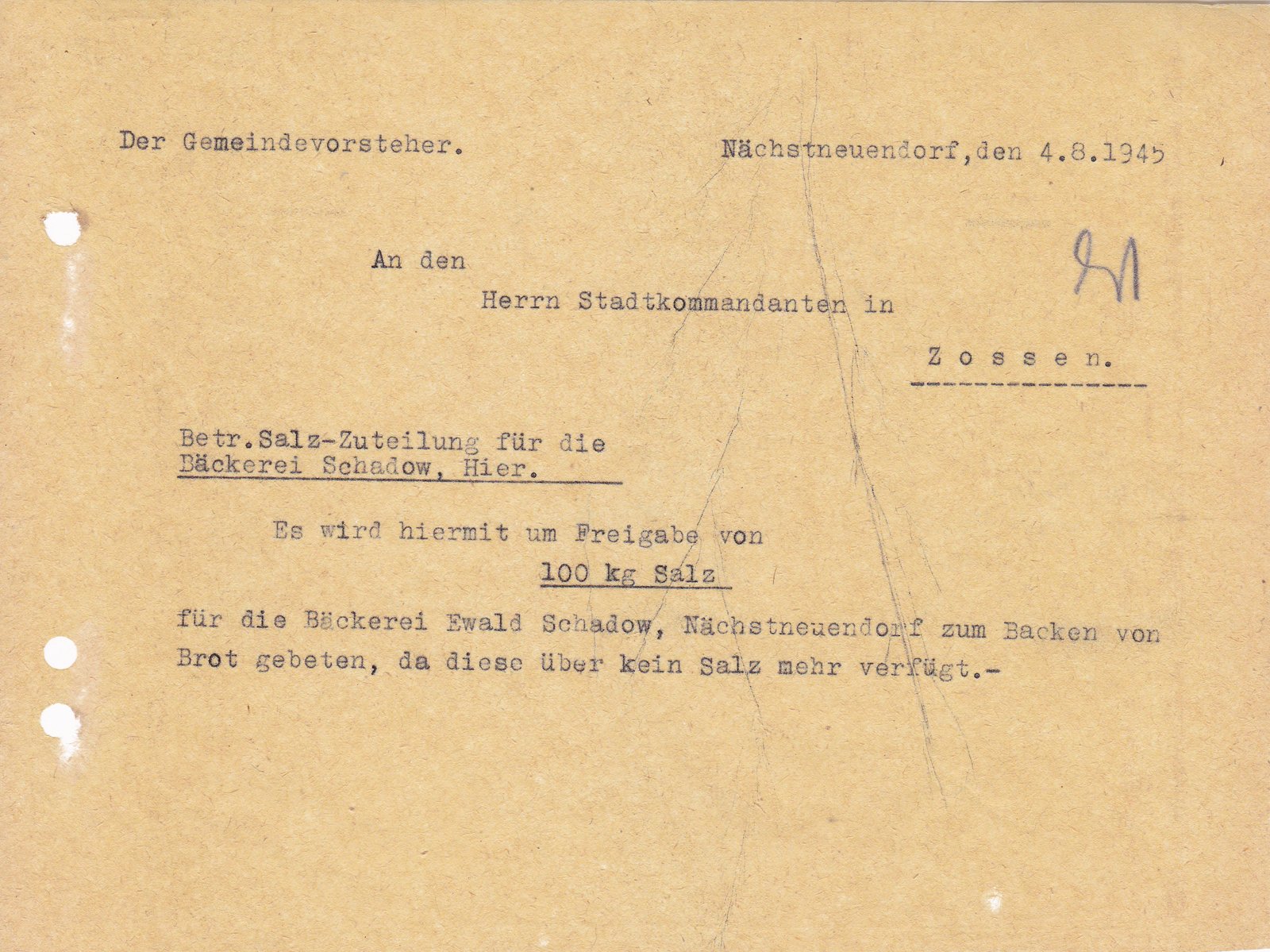 Obiglo an Kommandant, 04.08.1945 (Heimatverein "Alter Krug" Zossen e.V. CC BY-NC-SA)