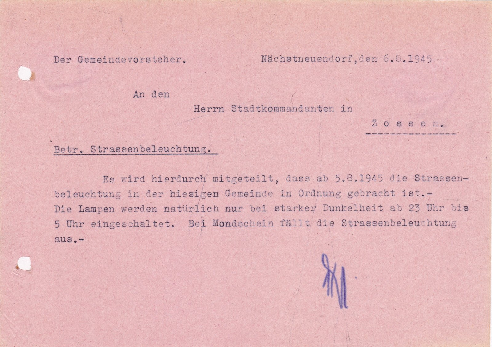 BM an Stadtkommandant, 06.08.1945 (Heimatverein "Alter Krug" Zossen e.V. CC BY-NC-SA)