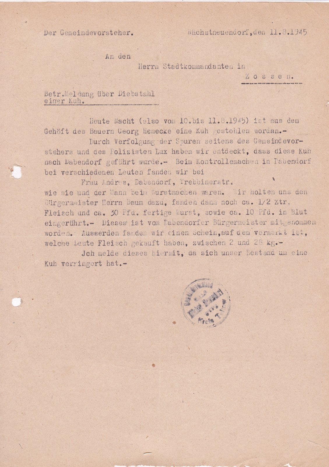 BM an Stadtkommandant, 11.08.1945 (Heimatverein "Alter Krug" Zossen e.V. CC BY-NC-SA)