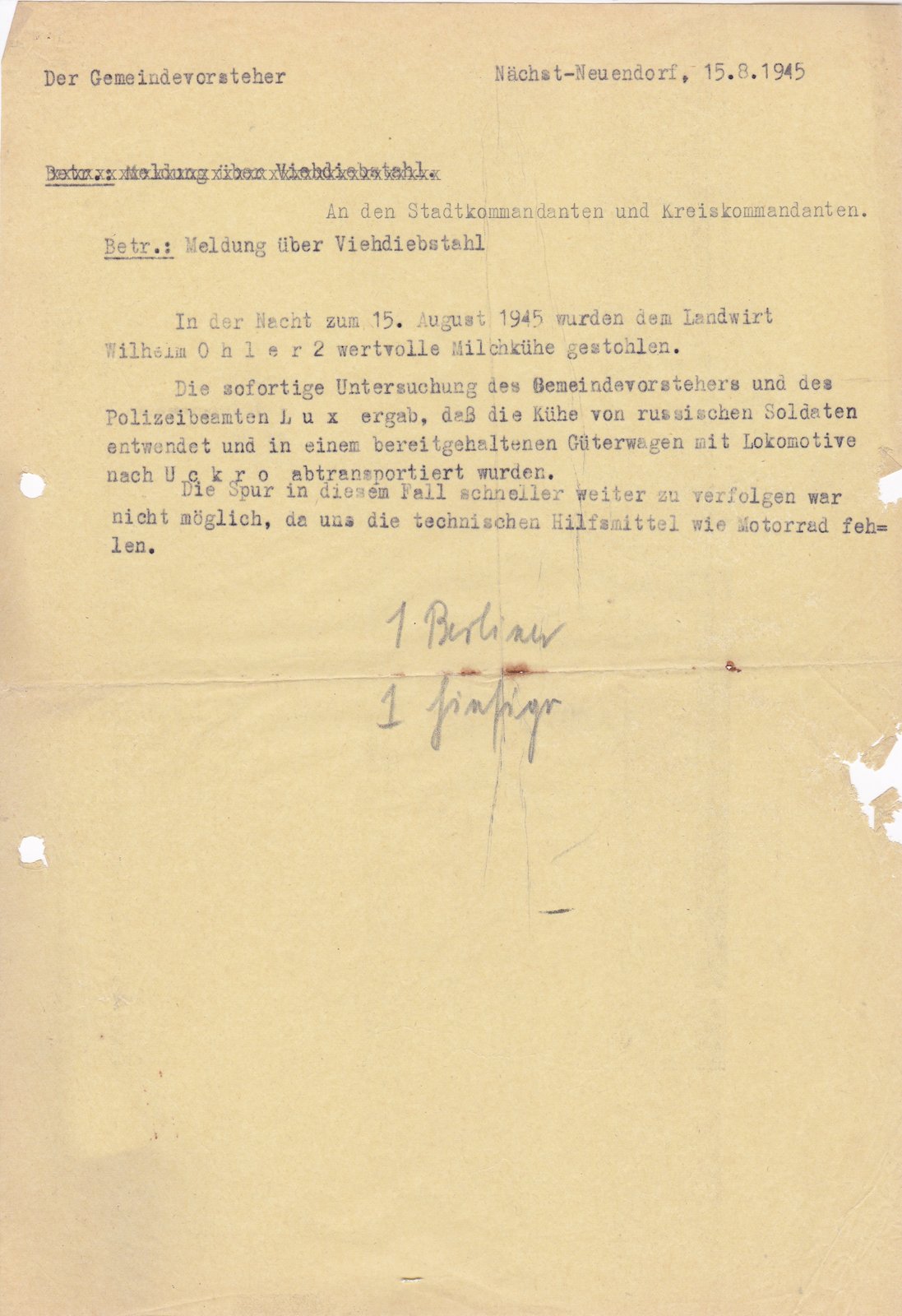 BM an Stadtkommandant, 15.08.1945 (Heimatverein "Alter Krug" Zossen e.V. CC BY-NC-SA)