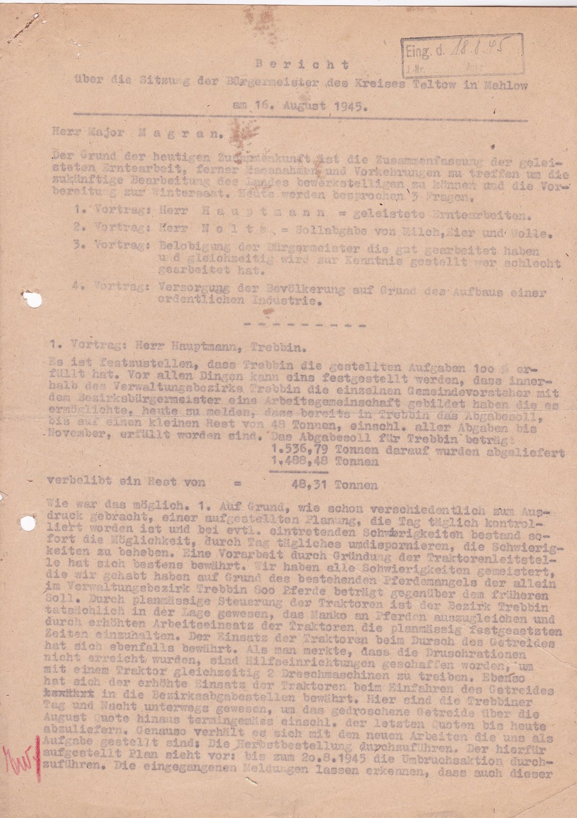 Kommandantur an BM, 16.08.1945 (Heimatverein "Alter Krug" Zossen e.V. CC BY-NC-SA)