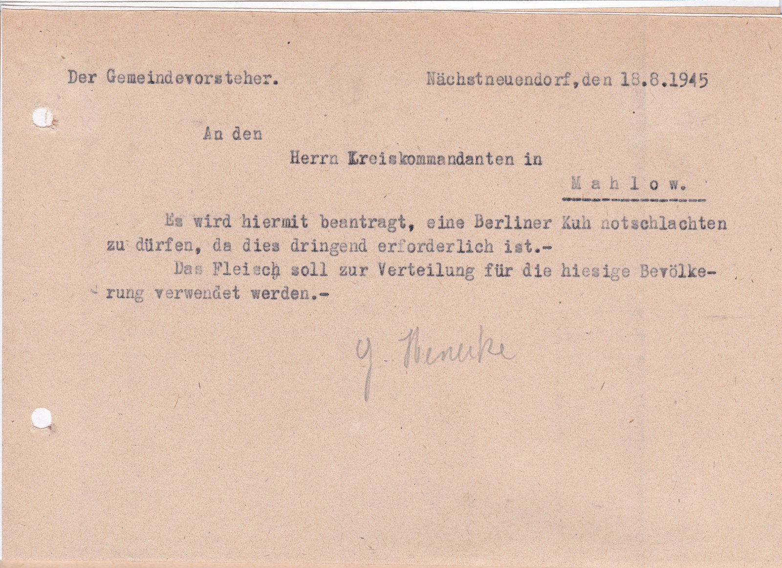 Gemeindevorsteher an Kommandant, 18.08.1945 (Heimatverein "Alter Krug" Zossen e.V. CC BY-NC-SA)