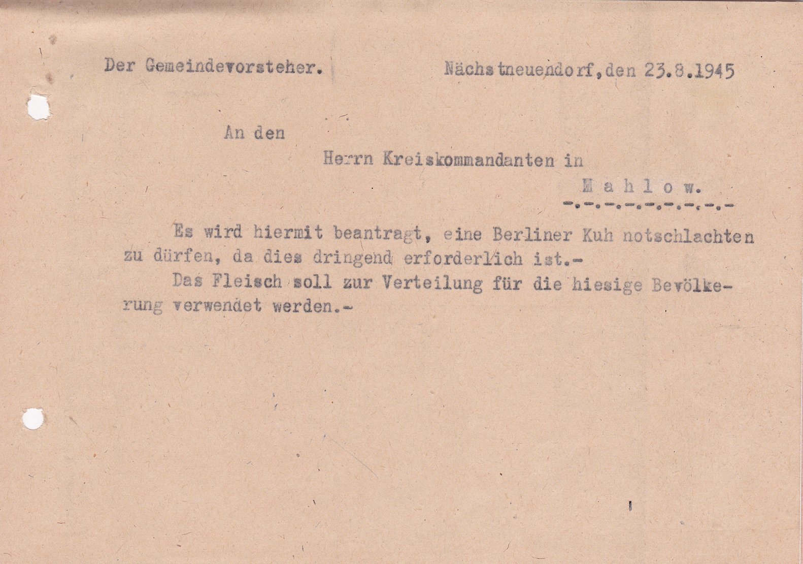 Gemeindevorsteher an Kommandant, 23.08.1945 (Heimatverein "Alter Krug" Zossen e.V. CC BY-NC-SA)
