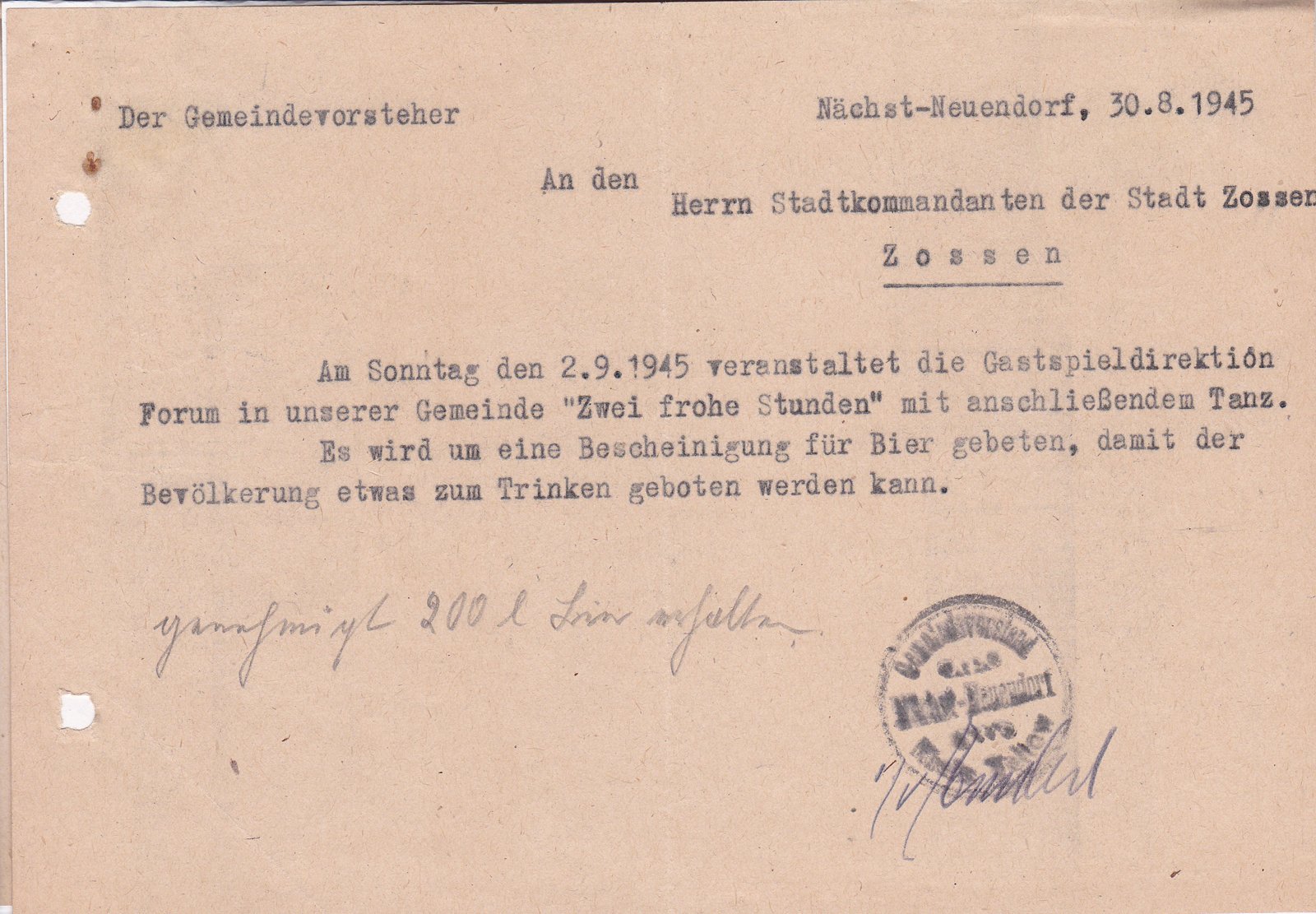 Gmv an Stadtkommandant, 30.08.1945 (Heimatverein "Alter Krug" Zossen e.V. CC BY-NC-SA)